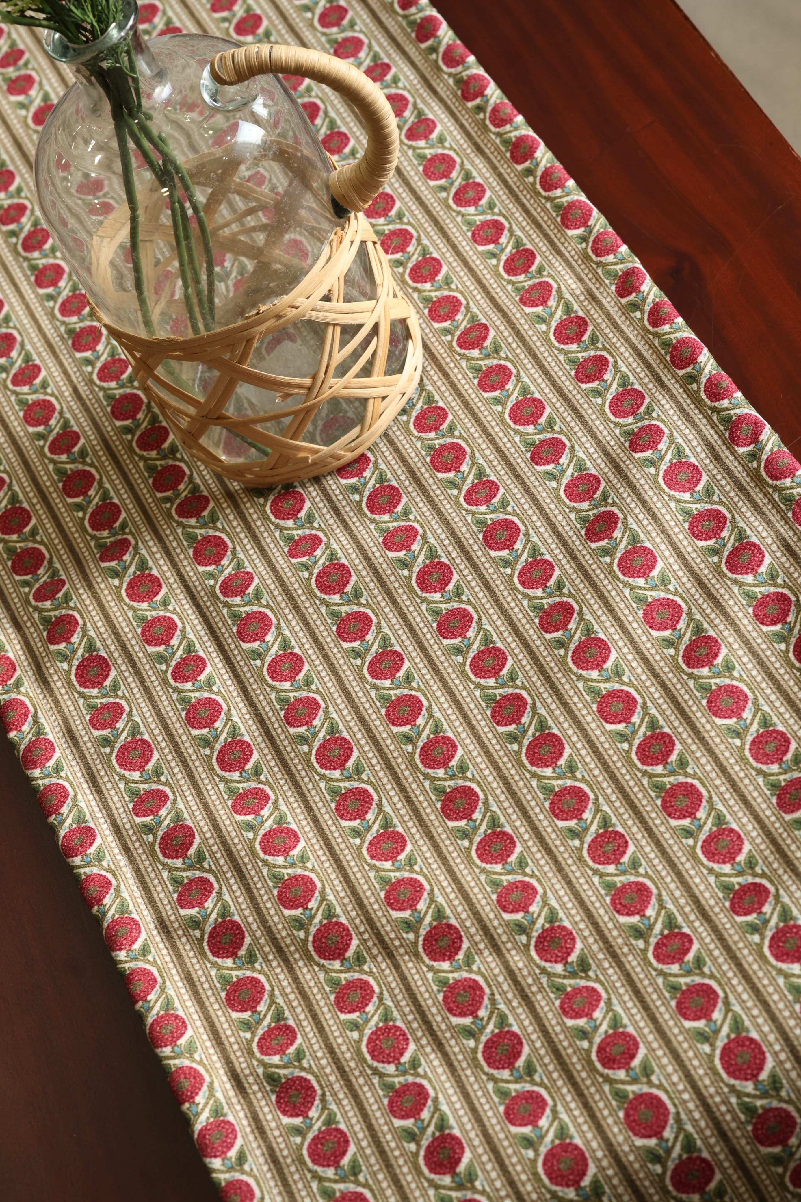 Red Floral Striped 6 seater Table Runner