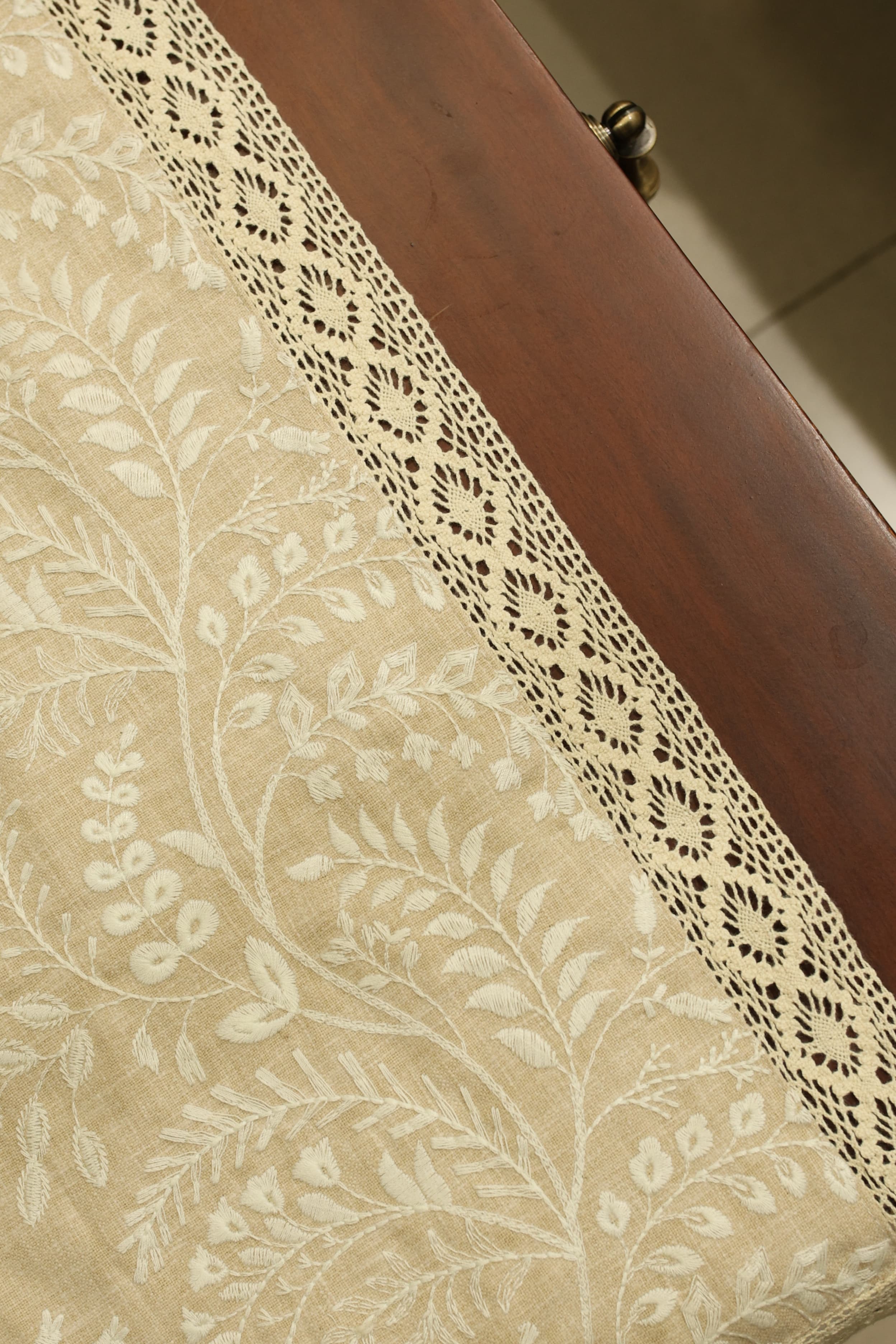 Embroidered Floral 8 seater Table Runner with Lace Border