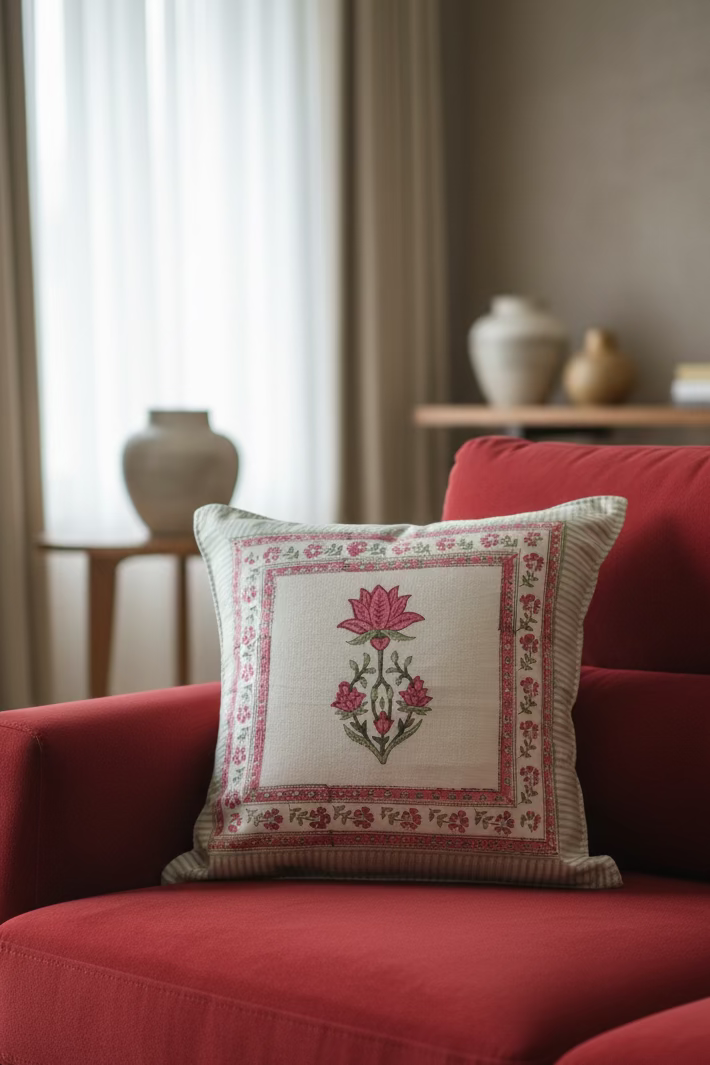 Handblock cushion cover, 16×16