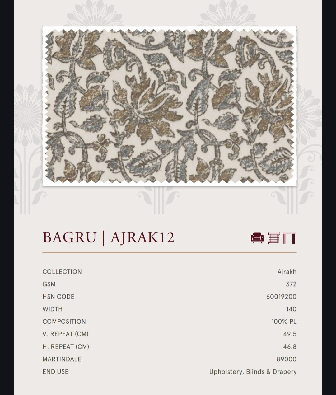 Upholstery fabrics -Ajrakh(Bagru)