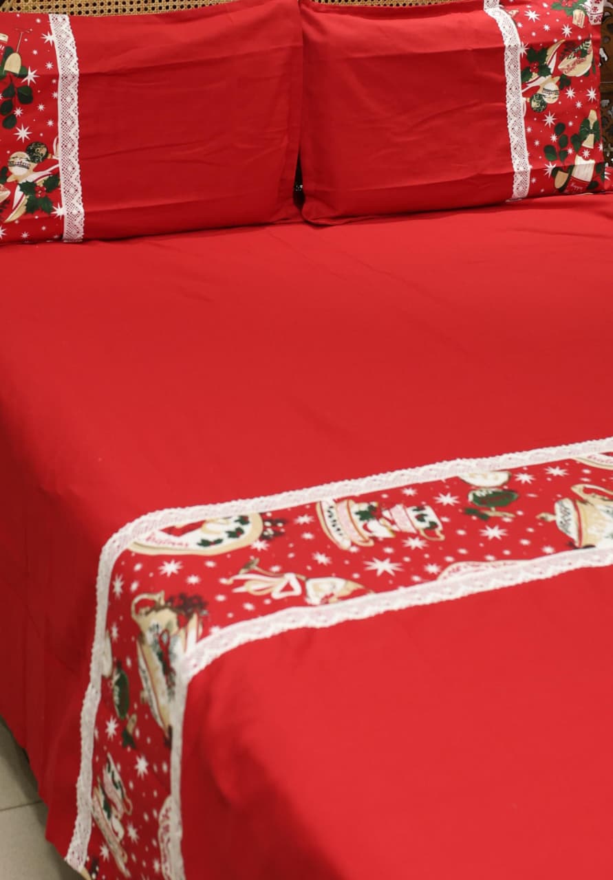 Bedsheets - Queen Premium floral Lace bedsheet Xmas theme edition