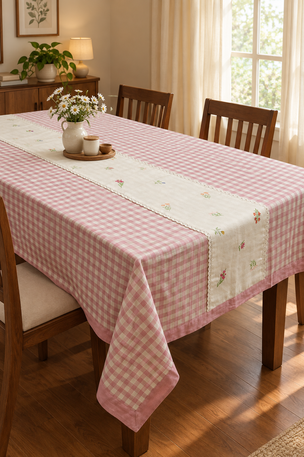 Table cloth - Check embroidery (6 Seater - Pink)