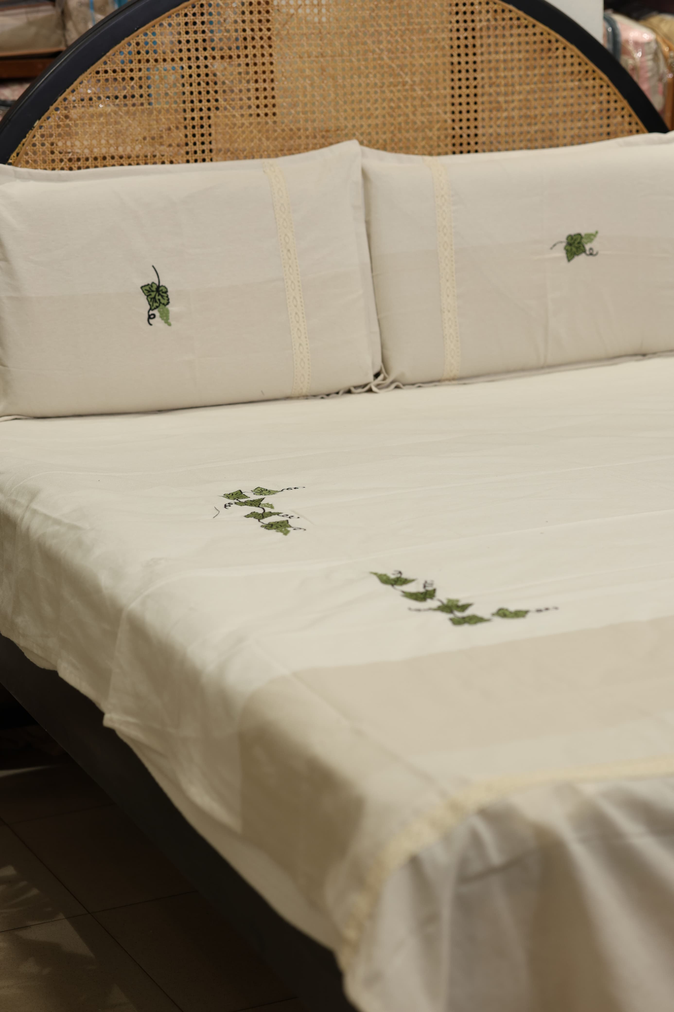 Vine Embroidery Cotton Double Bedsheet Set