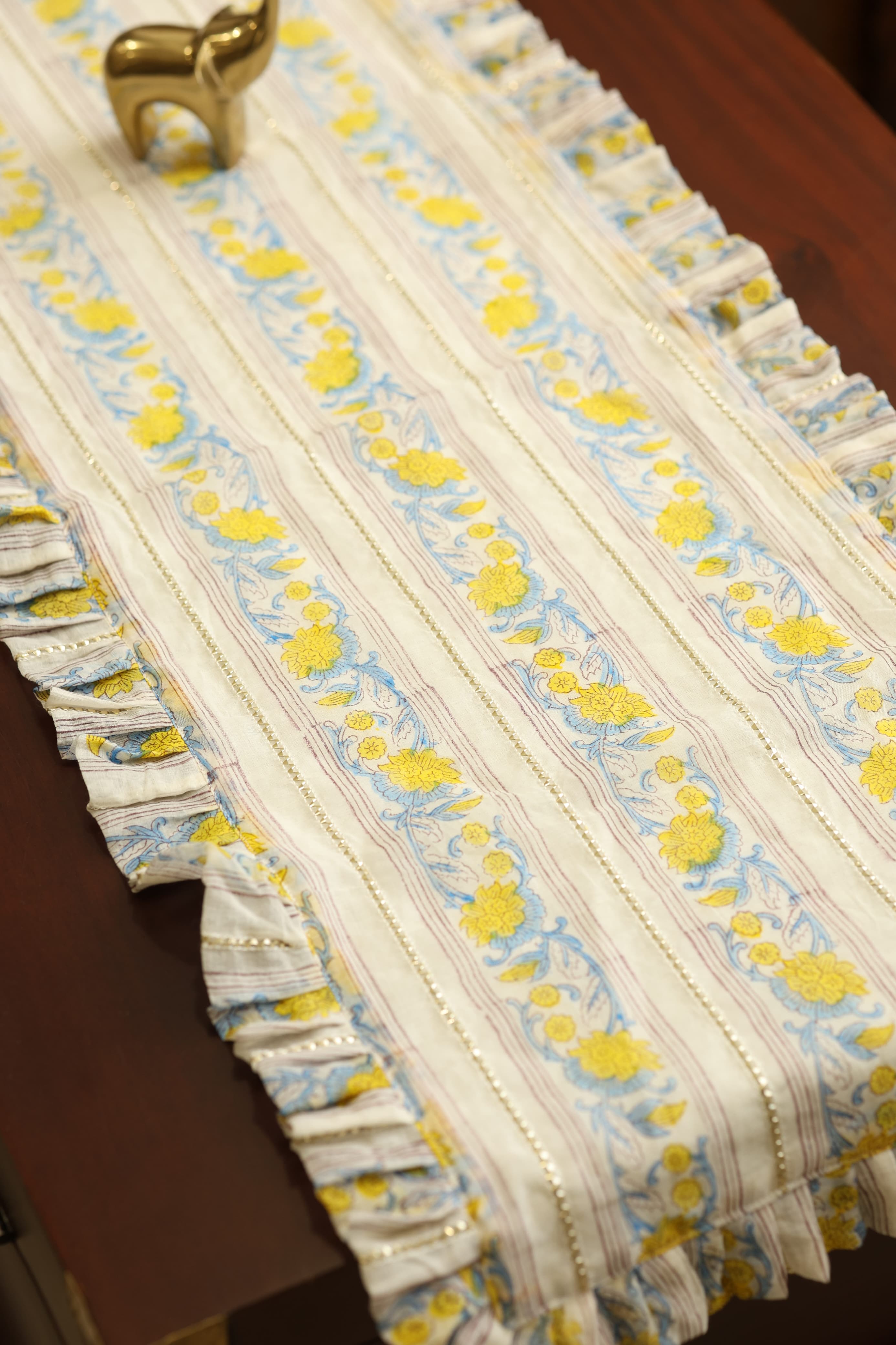 Onam Handblock Table Runner with Ruffled Edges - 4 seater