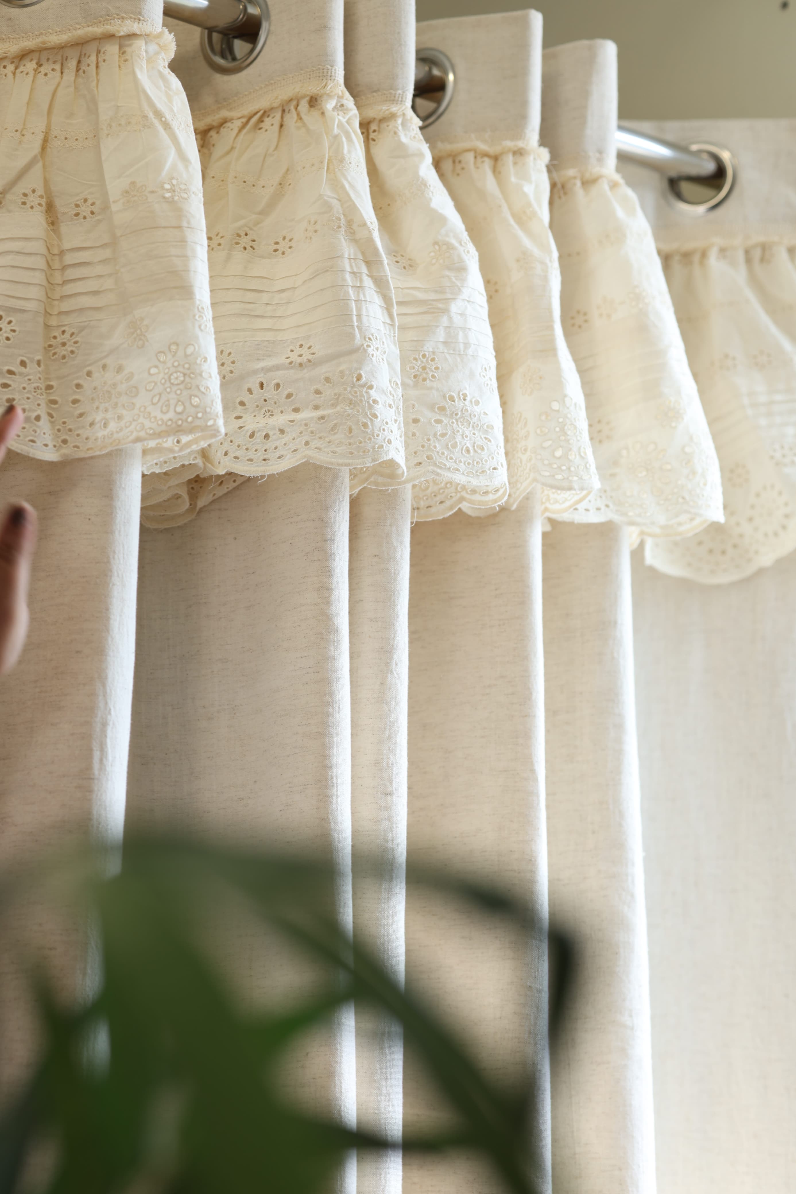 Ivory Lace Crochet with hakoba frill opaque curtains cottage frills