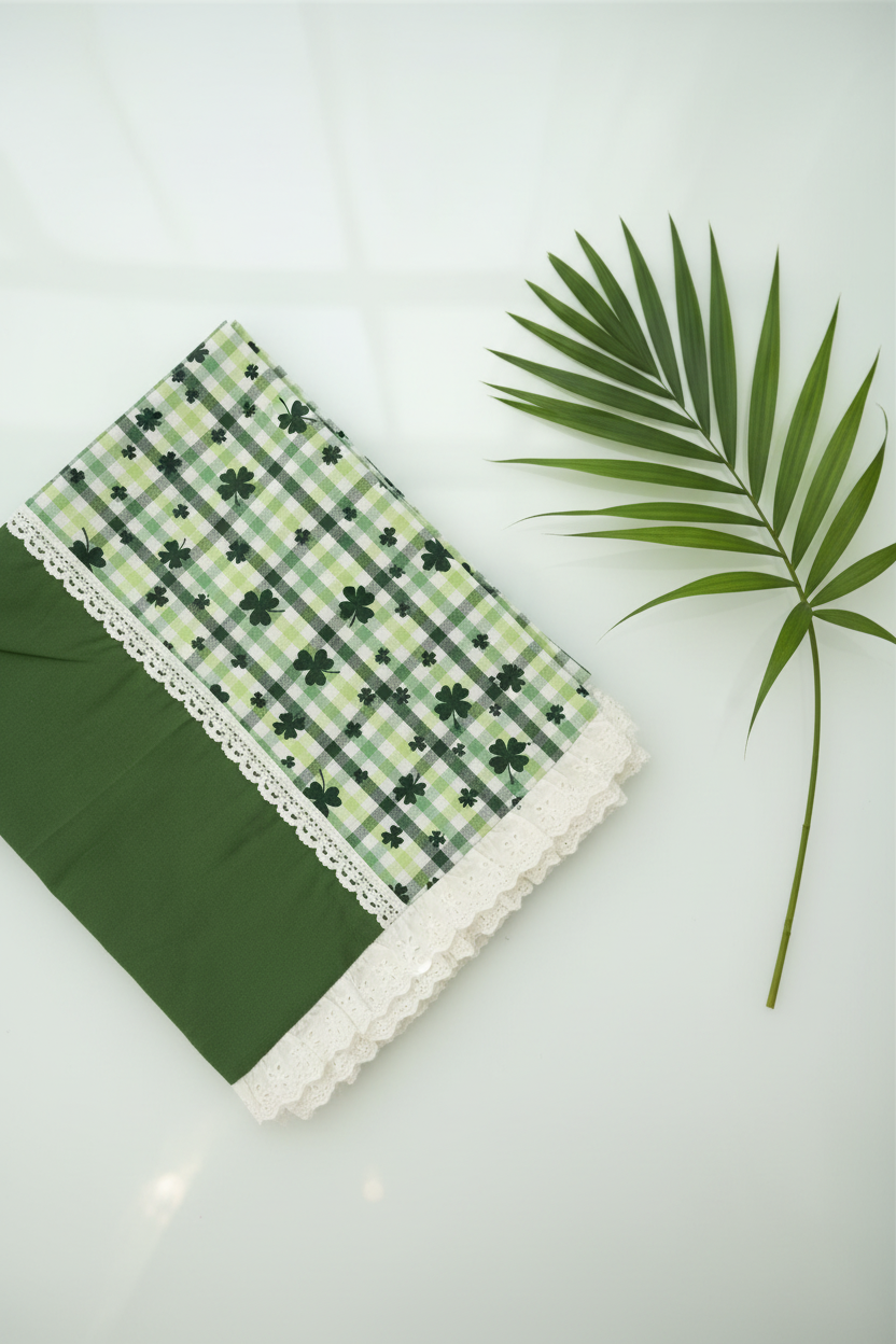 Bedsheets - Premium king printed lace bedsheet with cushion covers Check green bud