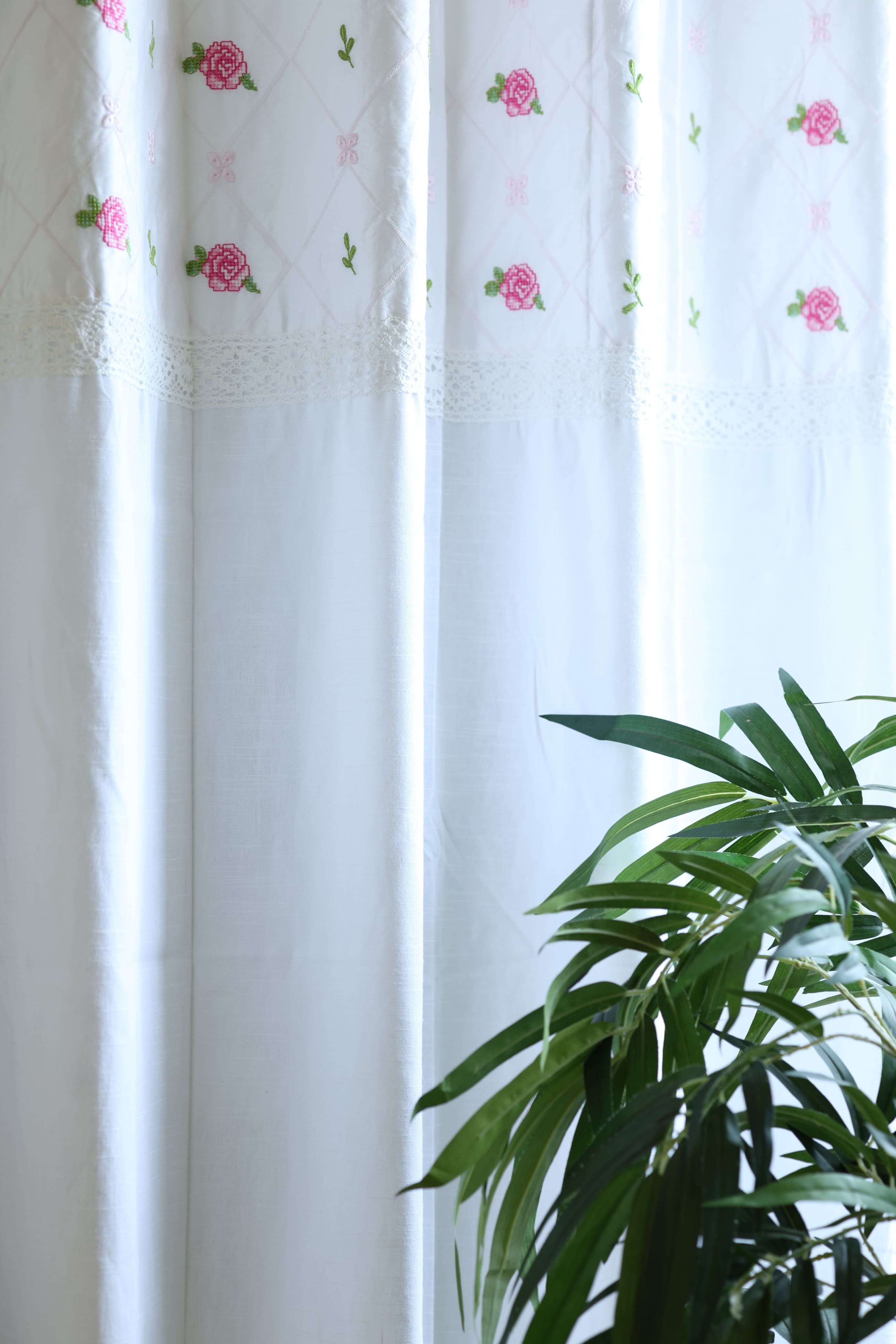 Curtains - Embroidery designer opaque curtains Butter rose White