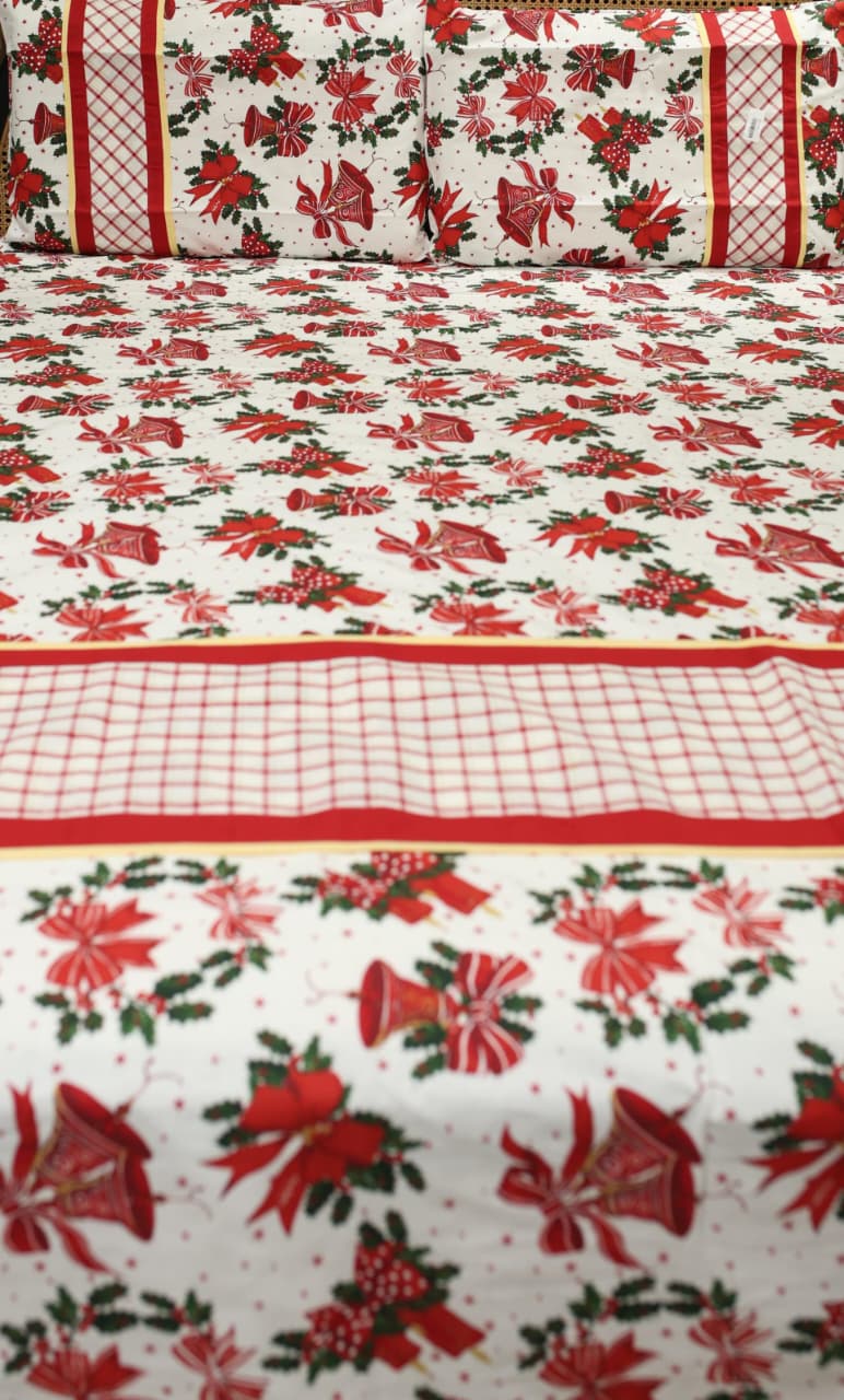 Bedsheets - Queen Premium check floral embroidery  bedsheet Xmas theme edition