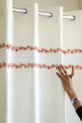 Off-White Self-Patterned Curtain with Red Floral & White Crochet Lace Trim