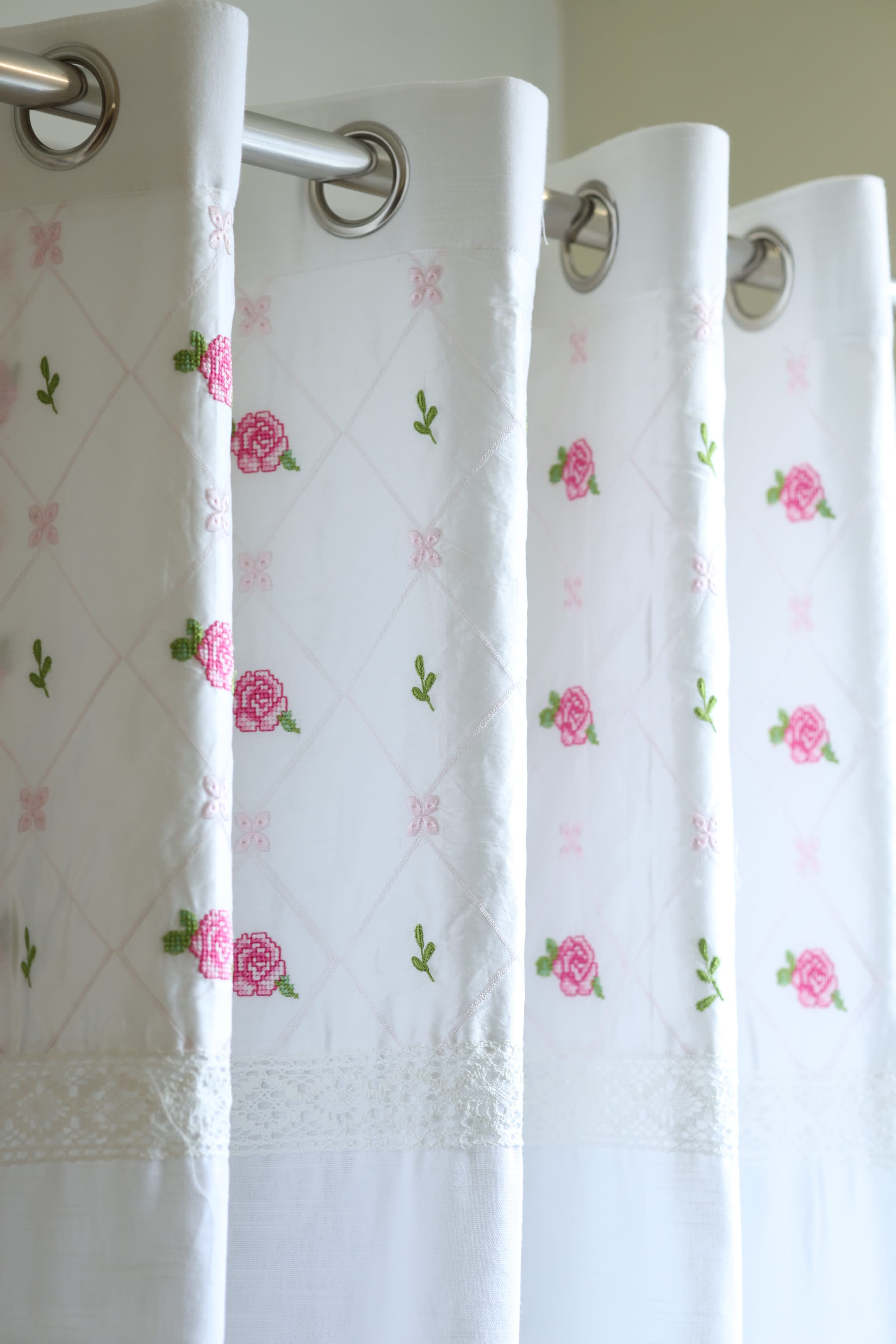 Curtains - Embroidery designer opaque curtains Butter rose White