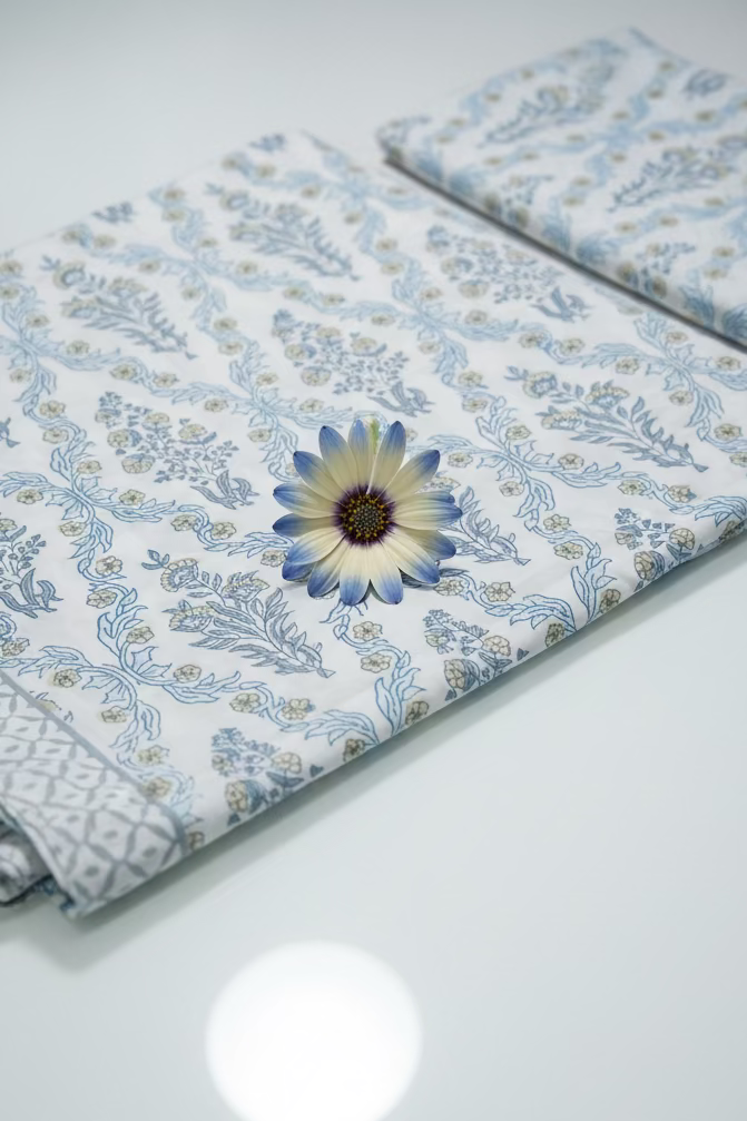 Bedsheets - King percale cotton handblock white lily  bedsheets