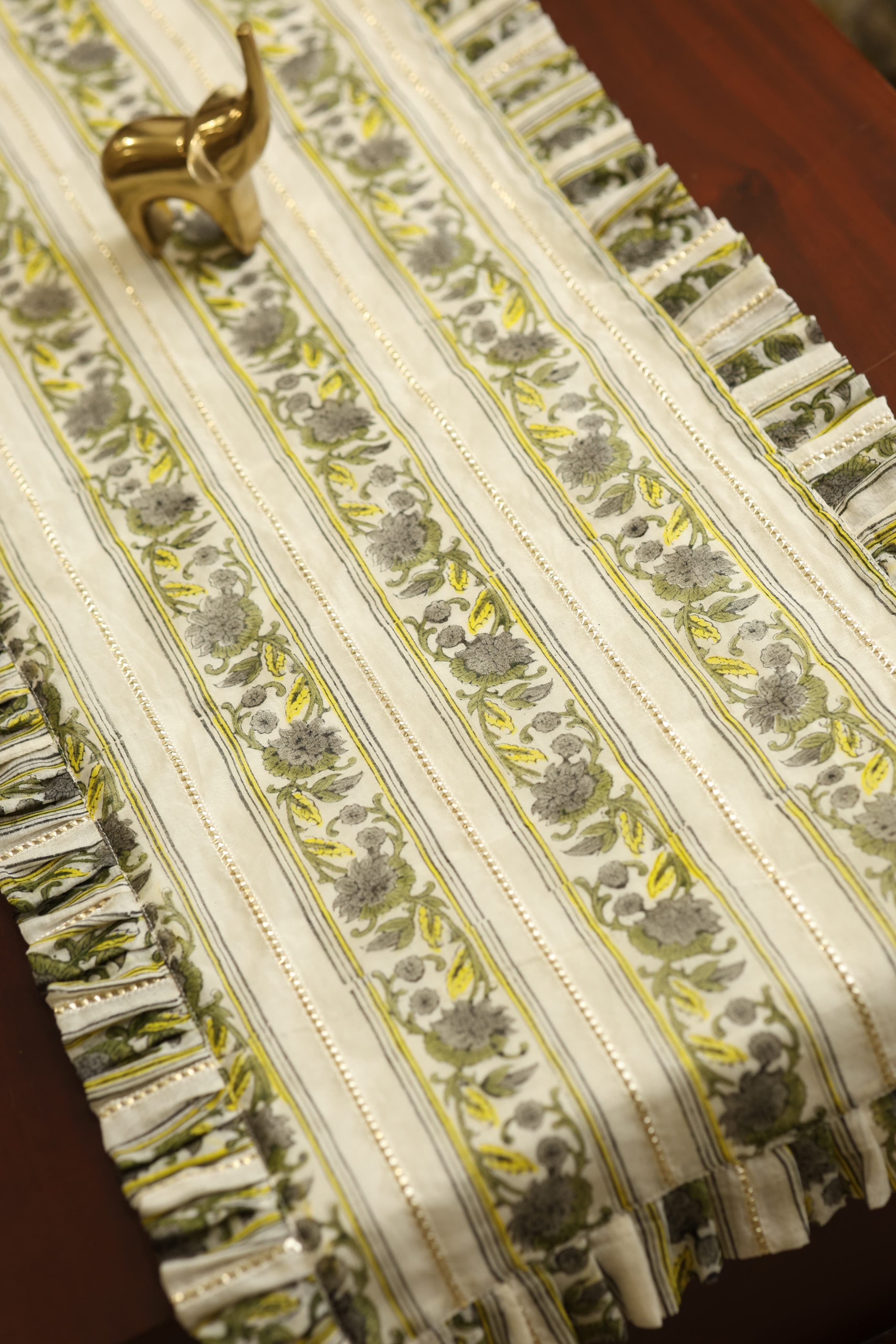 Onam Handblock Table Runner with Ruffled Edges - 4 seater