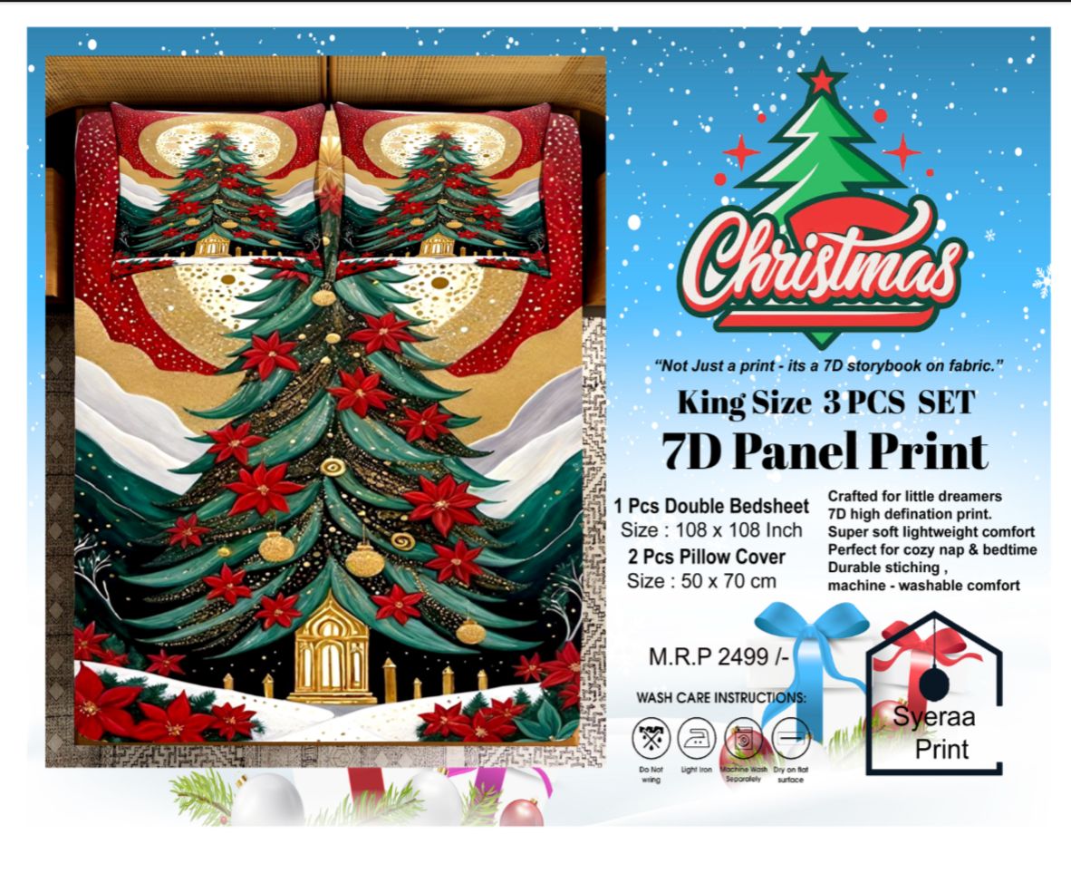 King size 7D Panel Print Bedsheet Set Xmas Edition