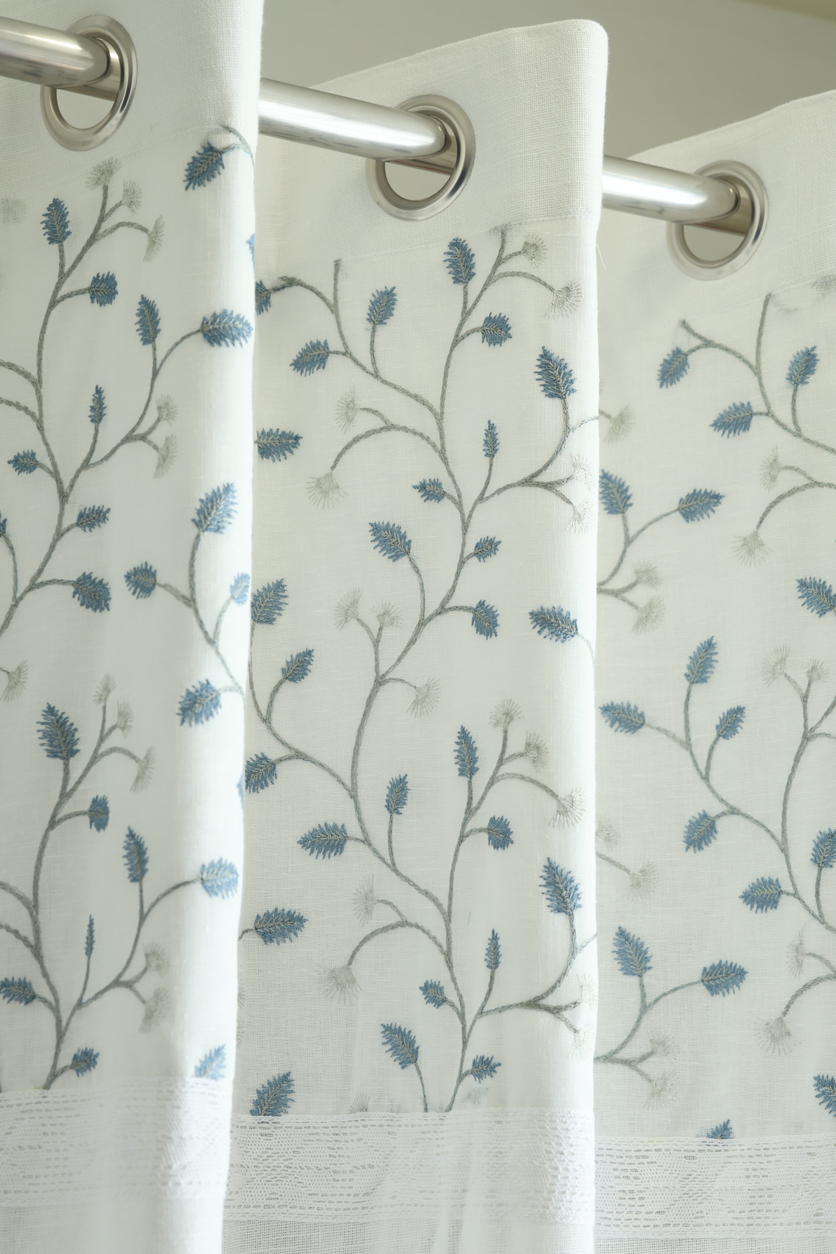 Premium White Opaque Curtain with Blue Floral Embroidery