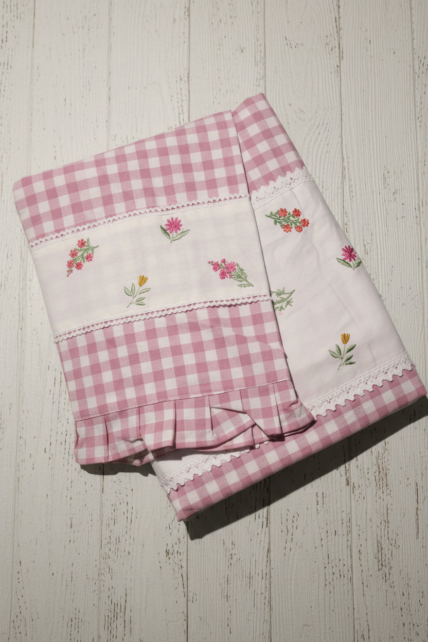 Bedsheets - Queen Premium check floral embroidery  bedsheet