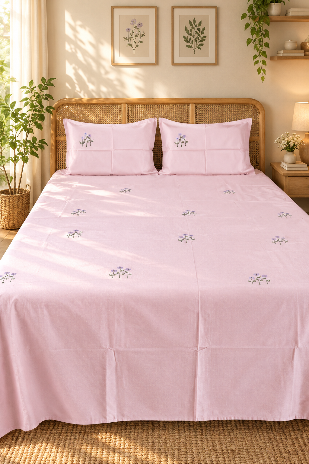 King Size Premium Machine Embroidery Bedsheet Set with 2 Pillow Covers (108x108)