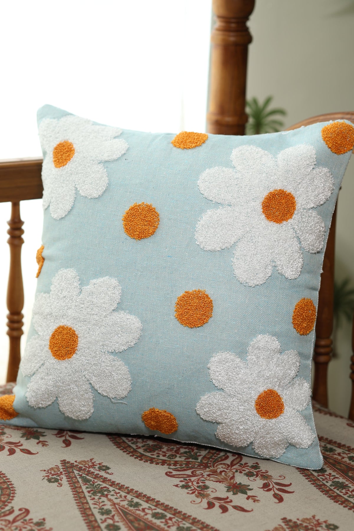 Light Blue Daisy Floral embroidery Cushion Cover ( 16*16 inches)