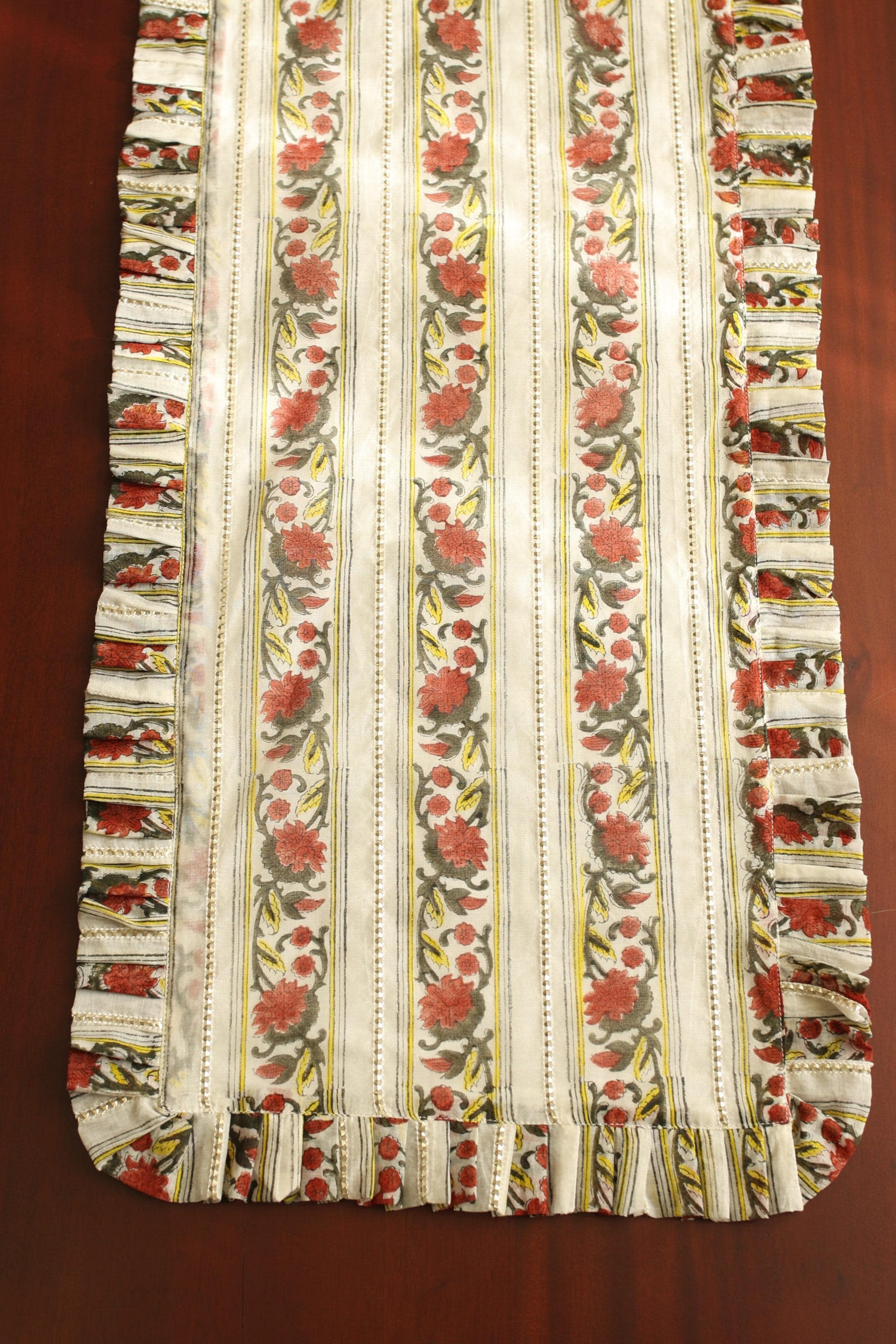 Onam Handblock Table Runner with Ruffled Edges - 4 seater