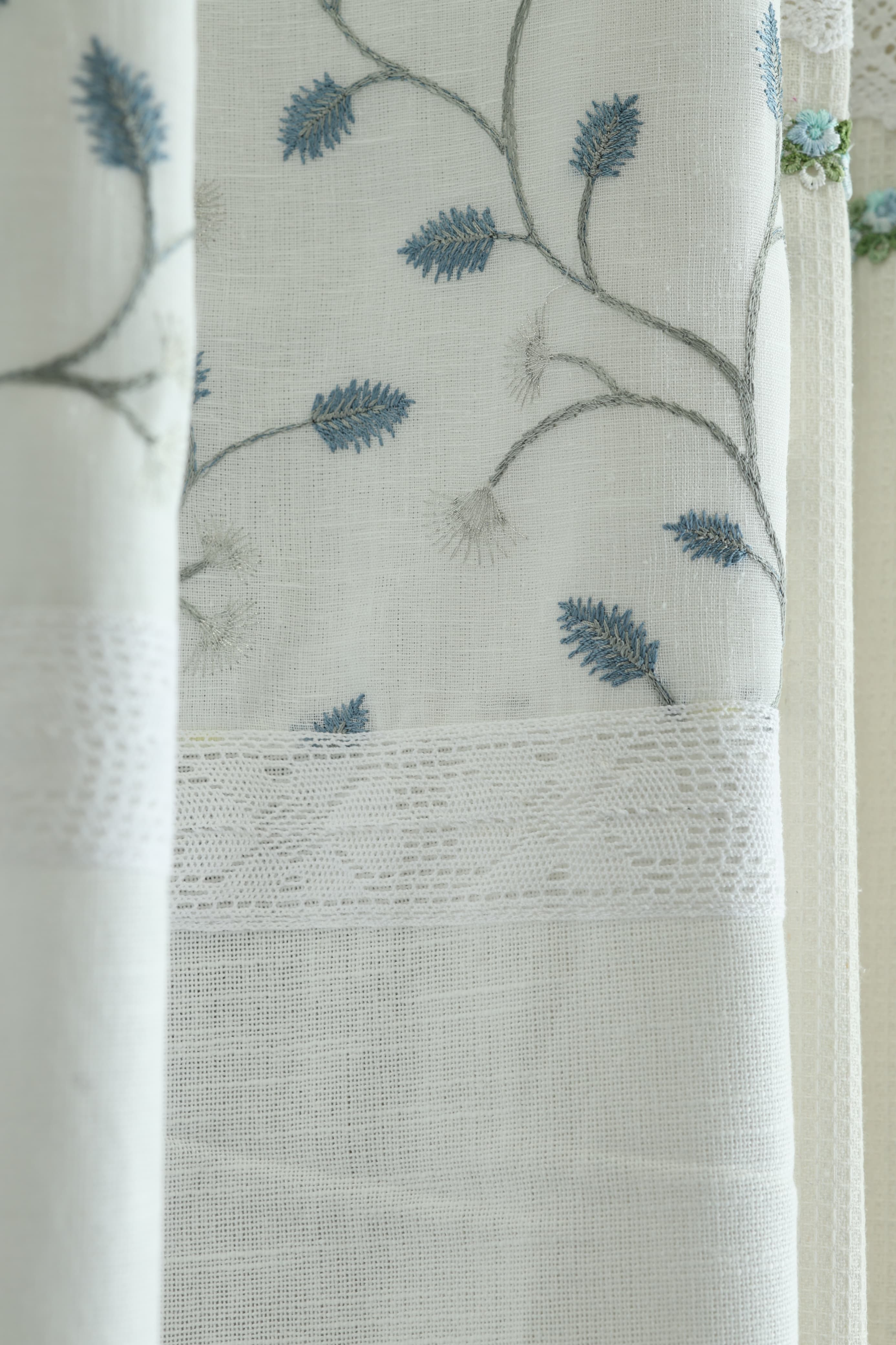 Premium White Opaque Curtain with Blue Floral Embroidery