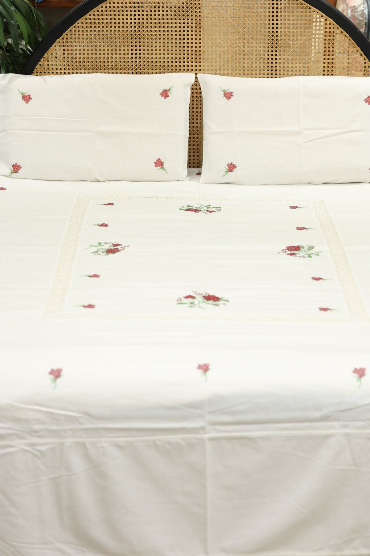 Premium Cross stitch Embroidery Cotton King Size Bedspread Set