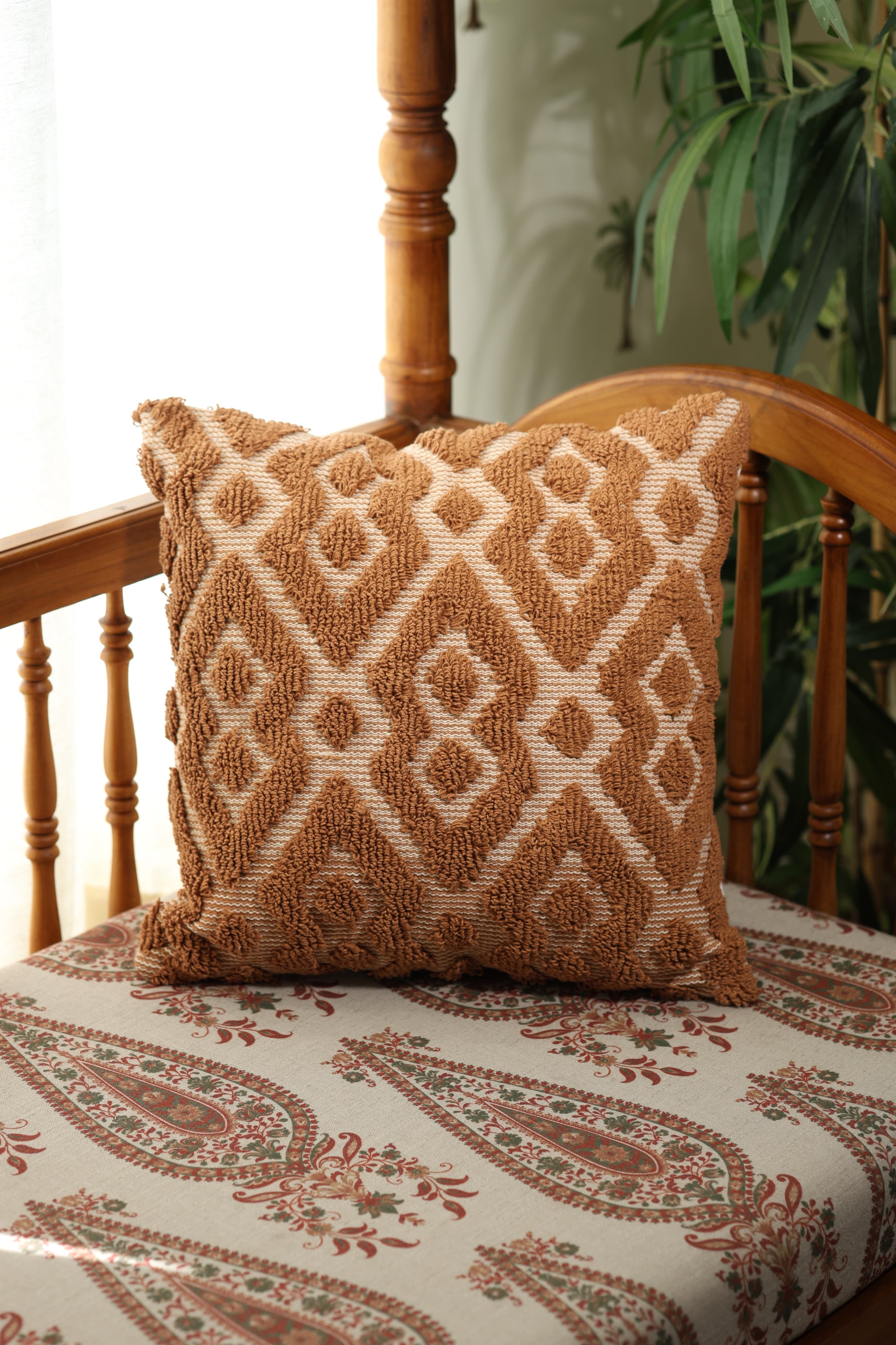 Rust Brown Geometric Tufted Cushion Cover