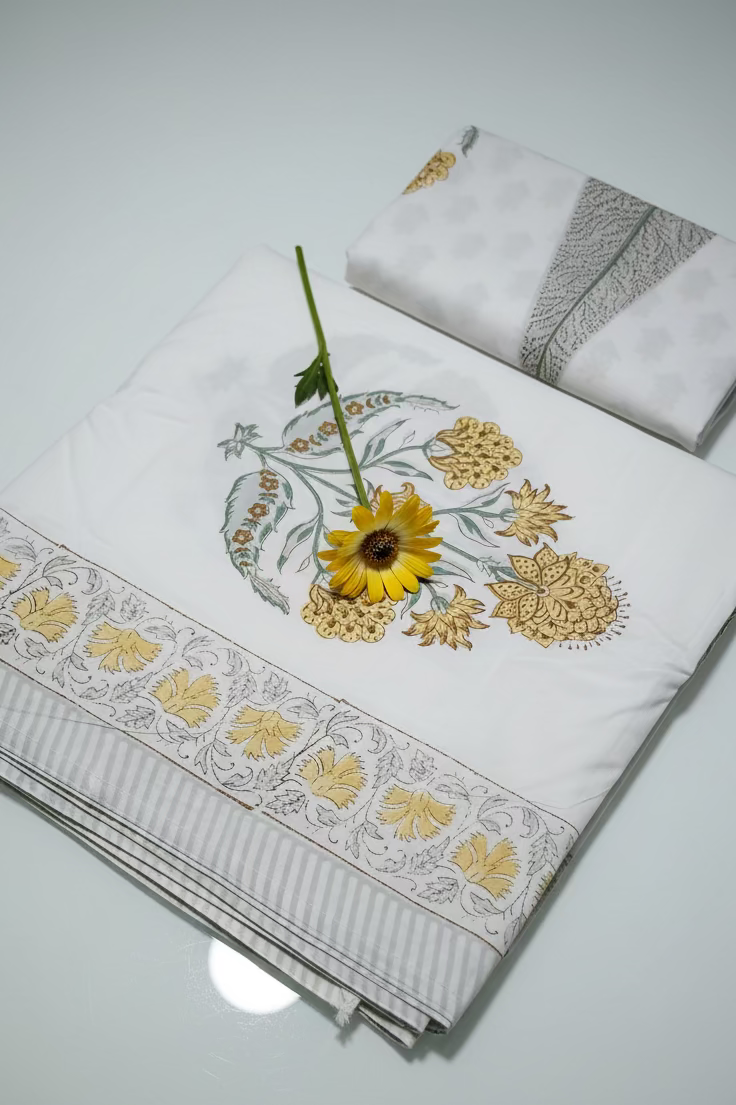 Bedsheets - King percale cotton handblock white lily  bedsheets