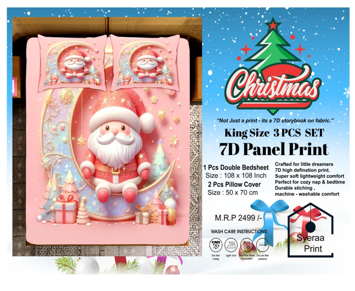 King size 7D Panel Print Bedsheet Set Xmas Edition