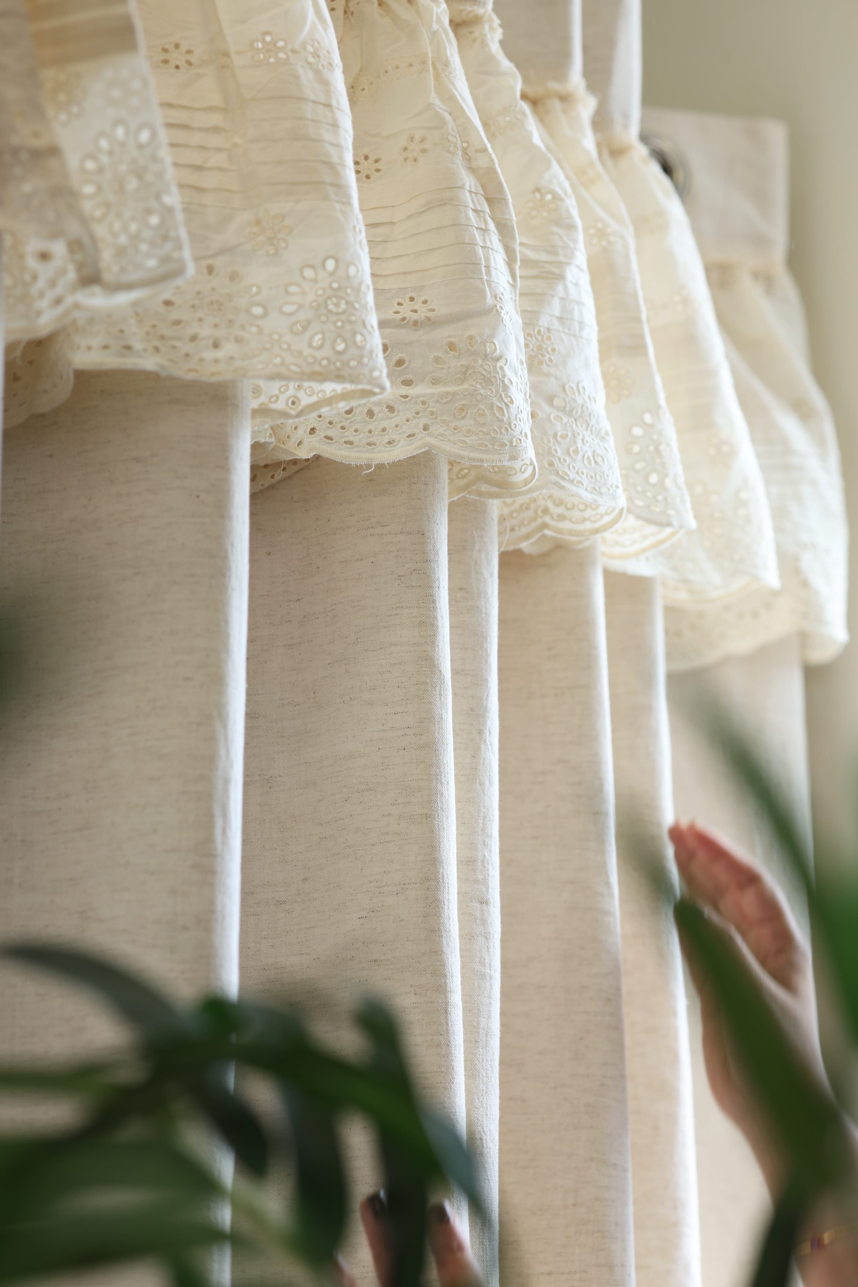 Ivory Lace Crochet with hakoba frill opaque curtains cottage frills