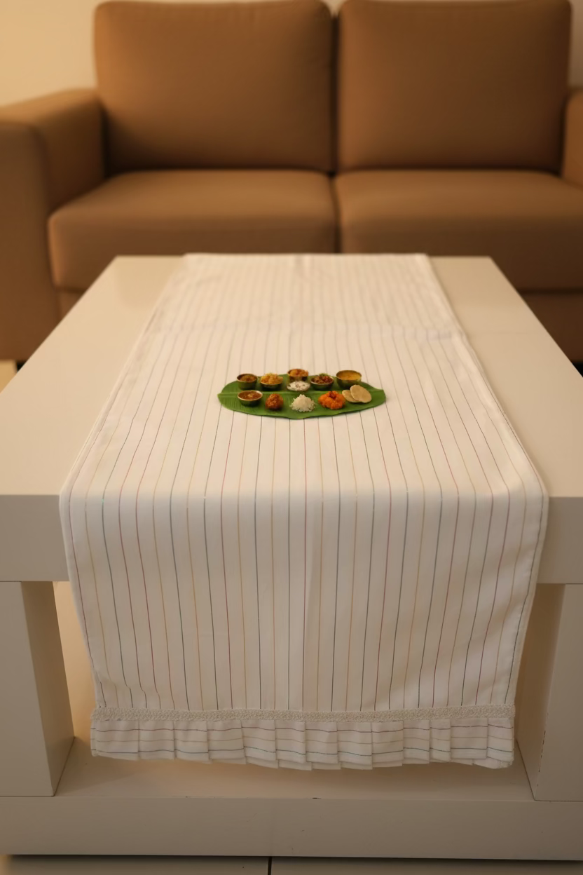 Onam Striped Table Runner with two side Ruffled Edges - 8 seater