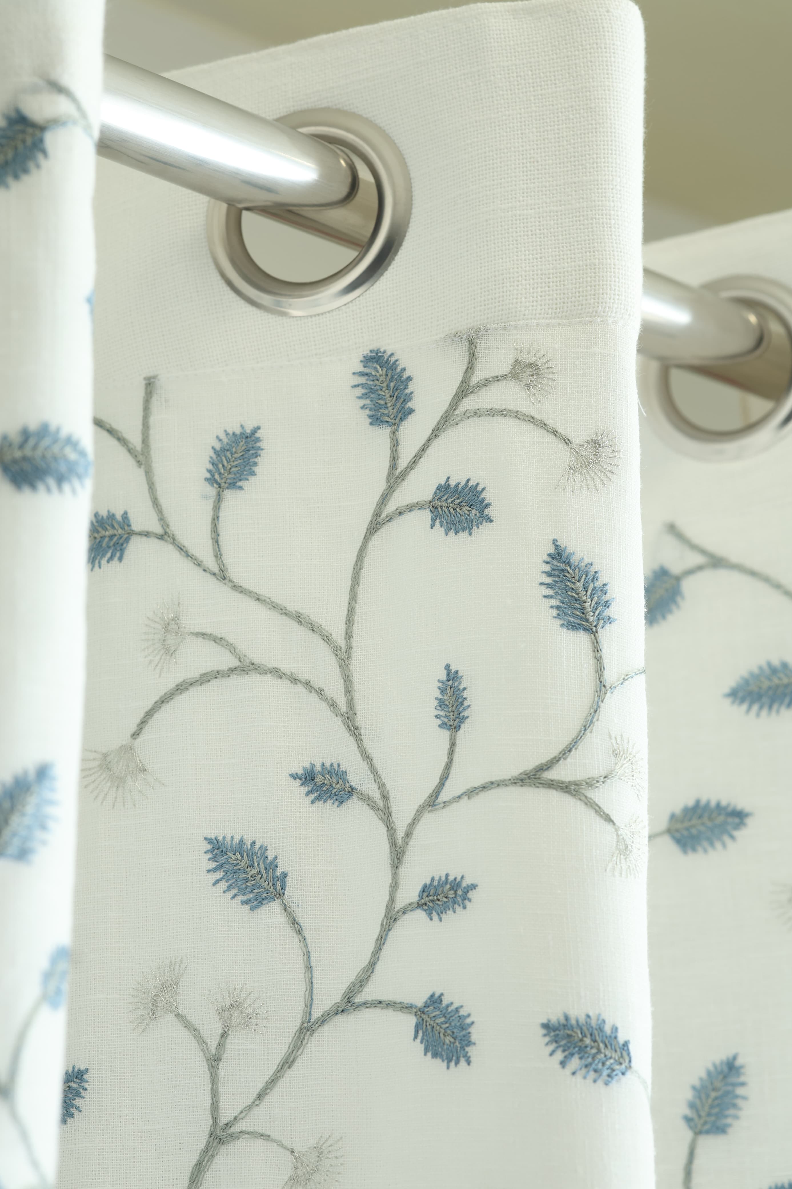 Premium White Opaque Curtain with Blue Floral Embroidery