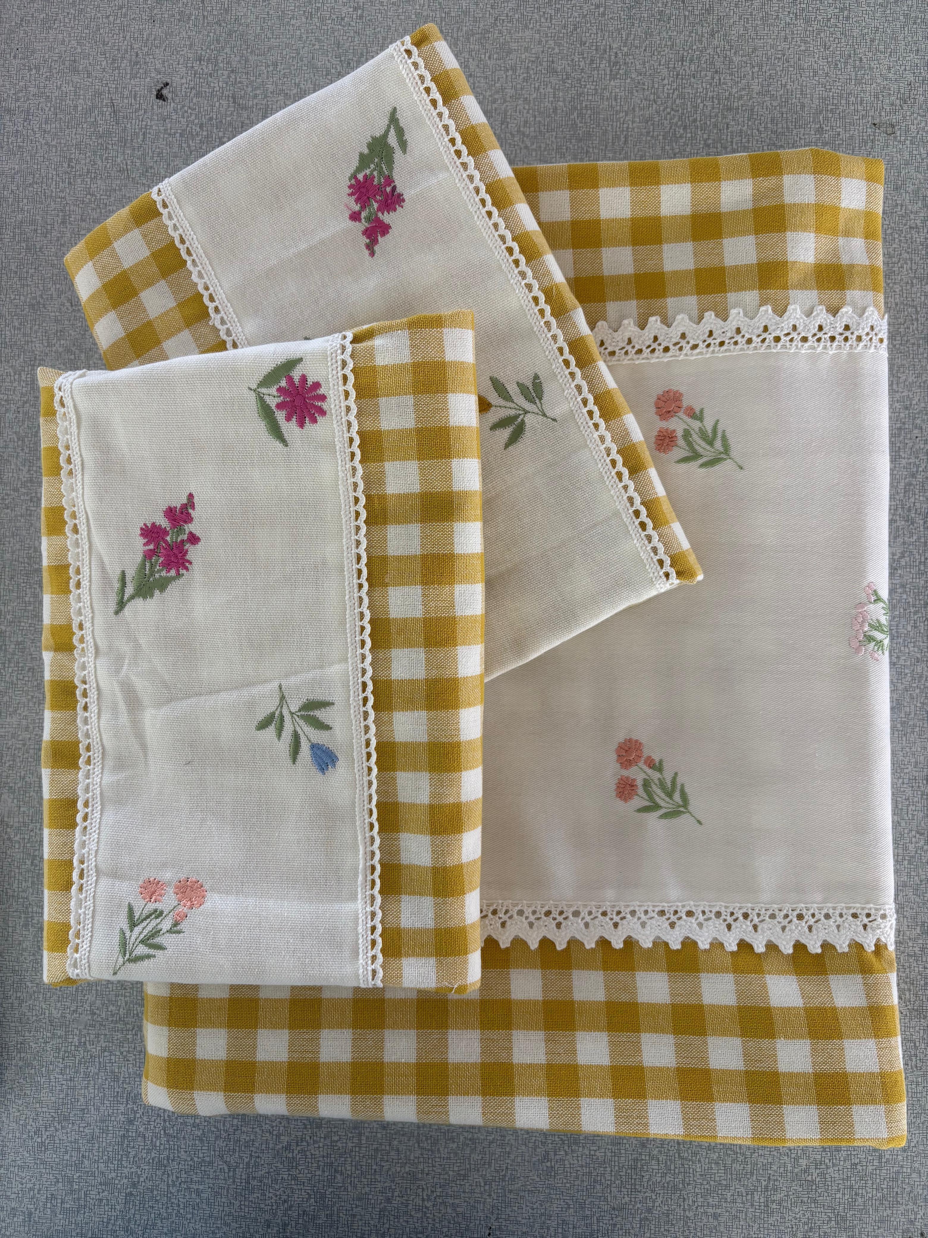 Bedsheets - King Premium check floral embroidery bedsheet