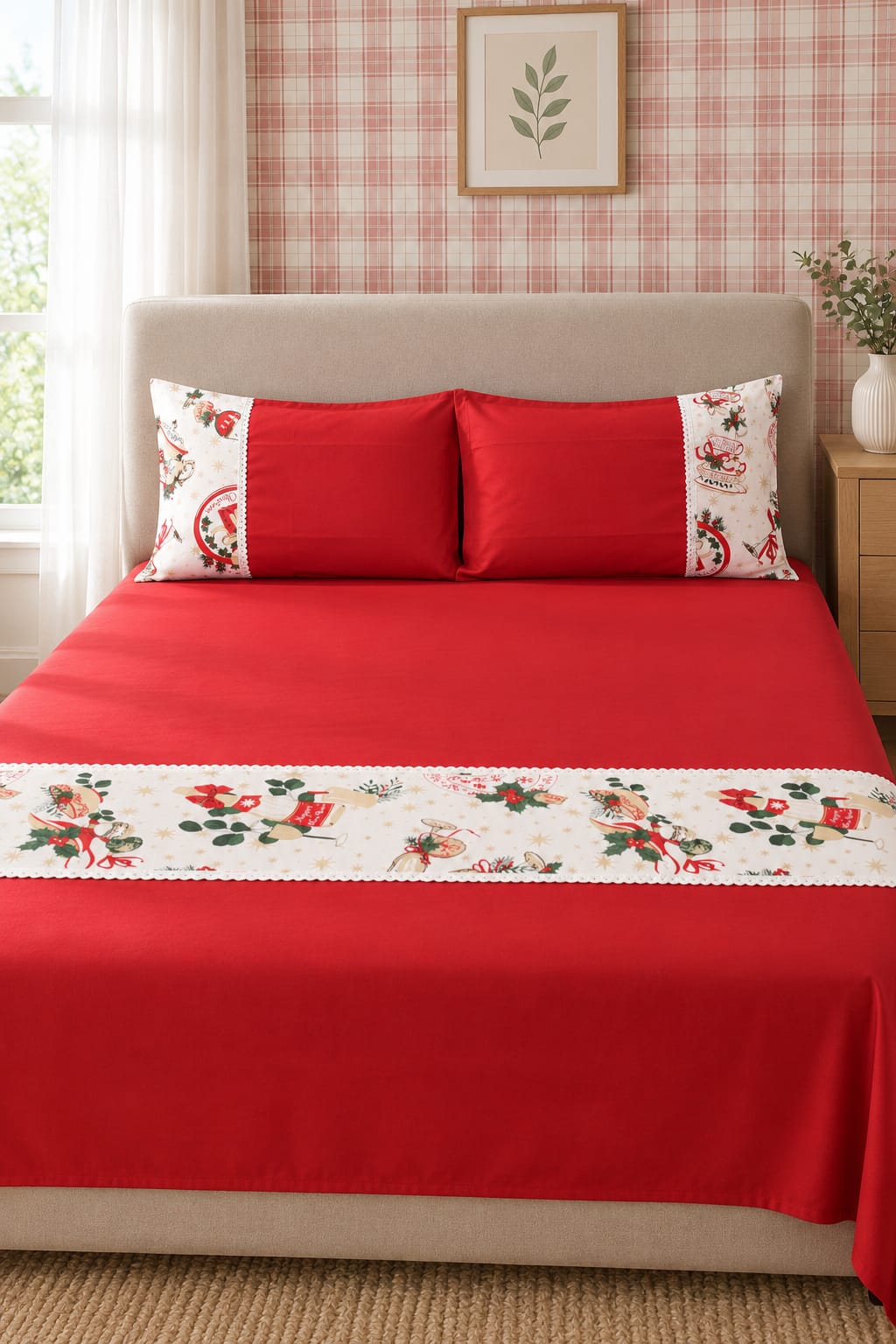 Bedsheets - Queen Premium check floral embroidery  bedsheet Xmas theme edition