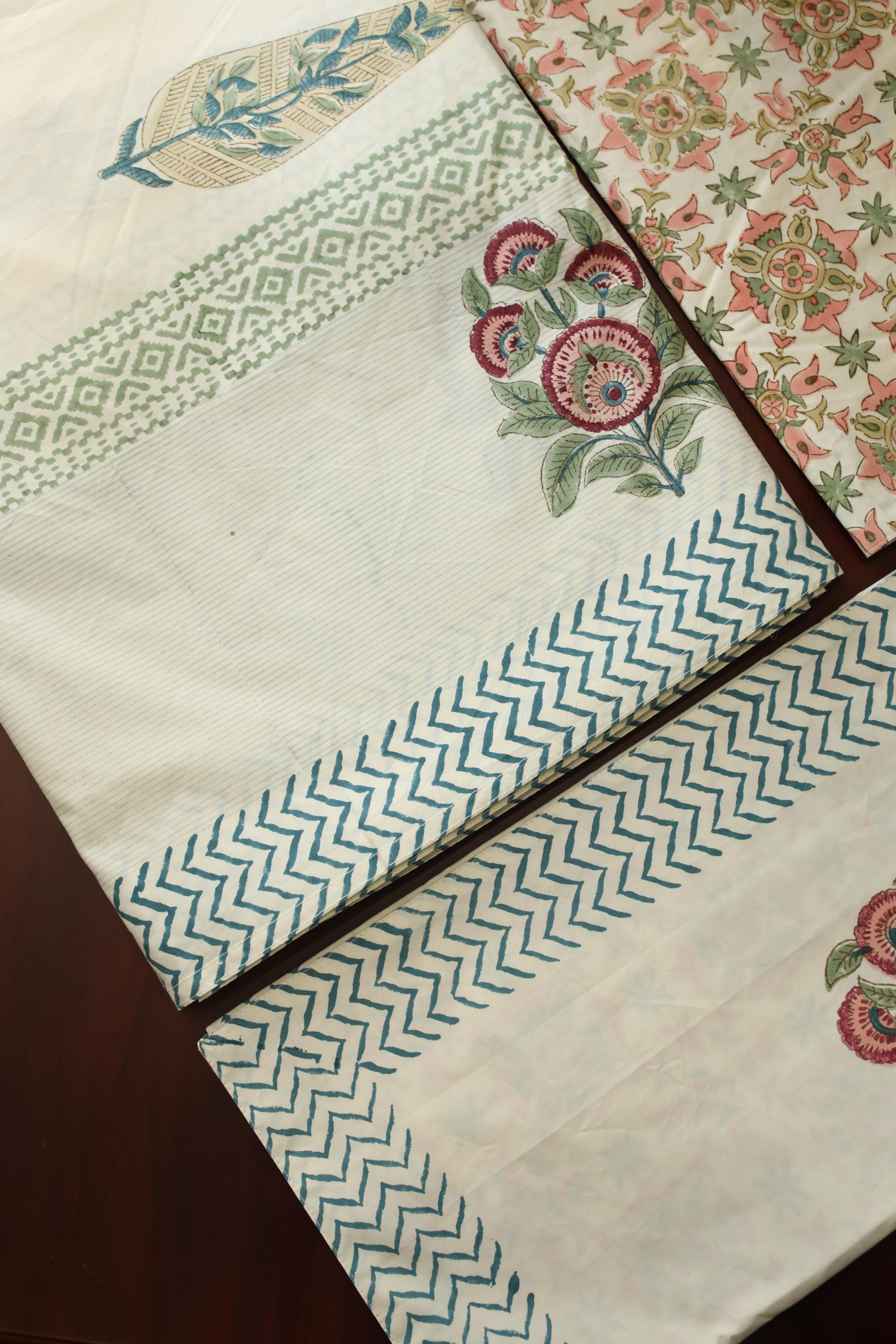 Bedsheets - King percale cotton handblock white lily  bedsheets
