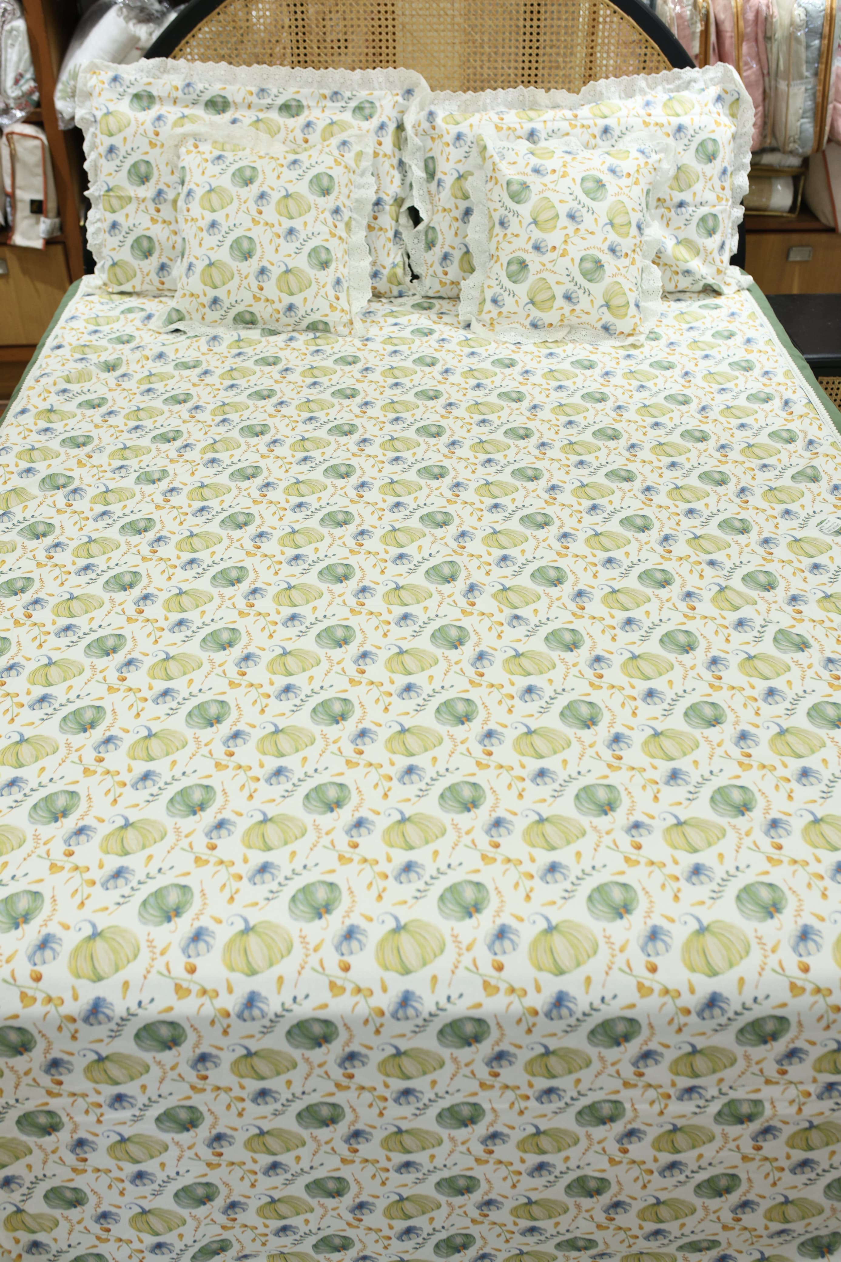 Bedsheets - Premium queen floral printed lace bedsheet with cushion covers pumpkin bud