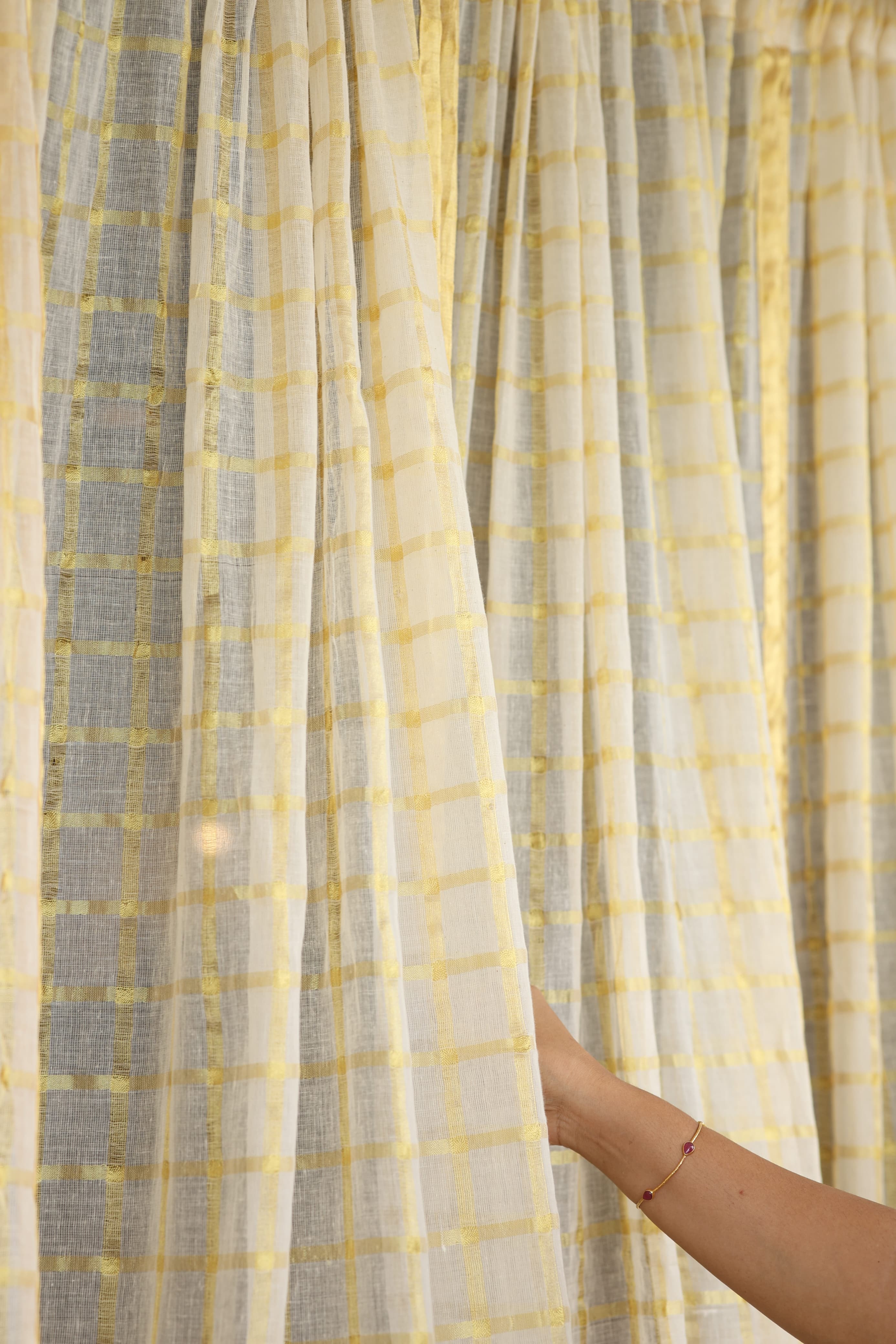Onam Kasavu Sheer Curtain – Gold Check Elegance