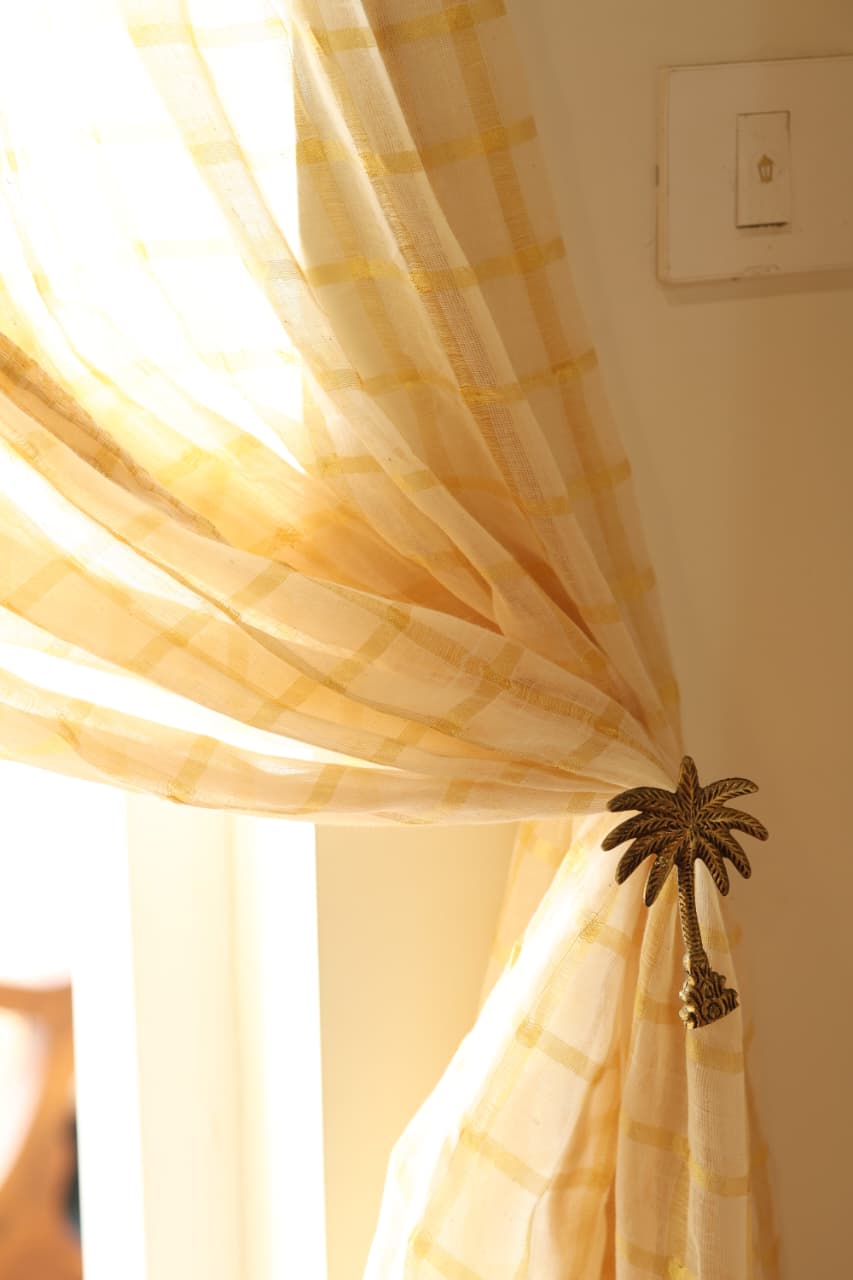 Onam Kasavu Sheer Curtain – Gold Check Elegance