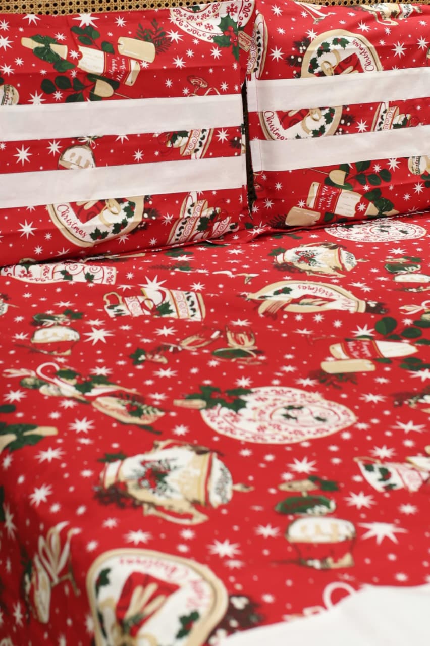 Bedsheets - King premium machine embroidery bedsheets lace bedsheets Xmas edition