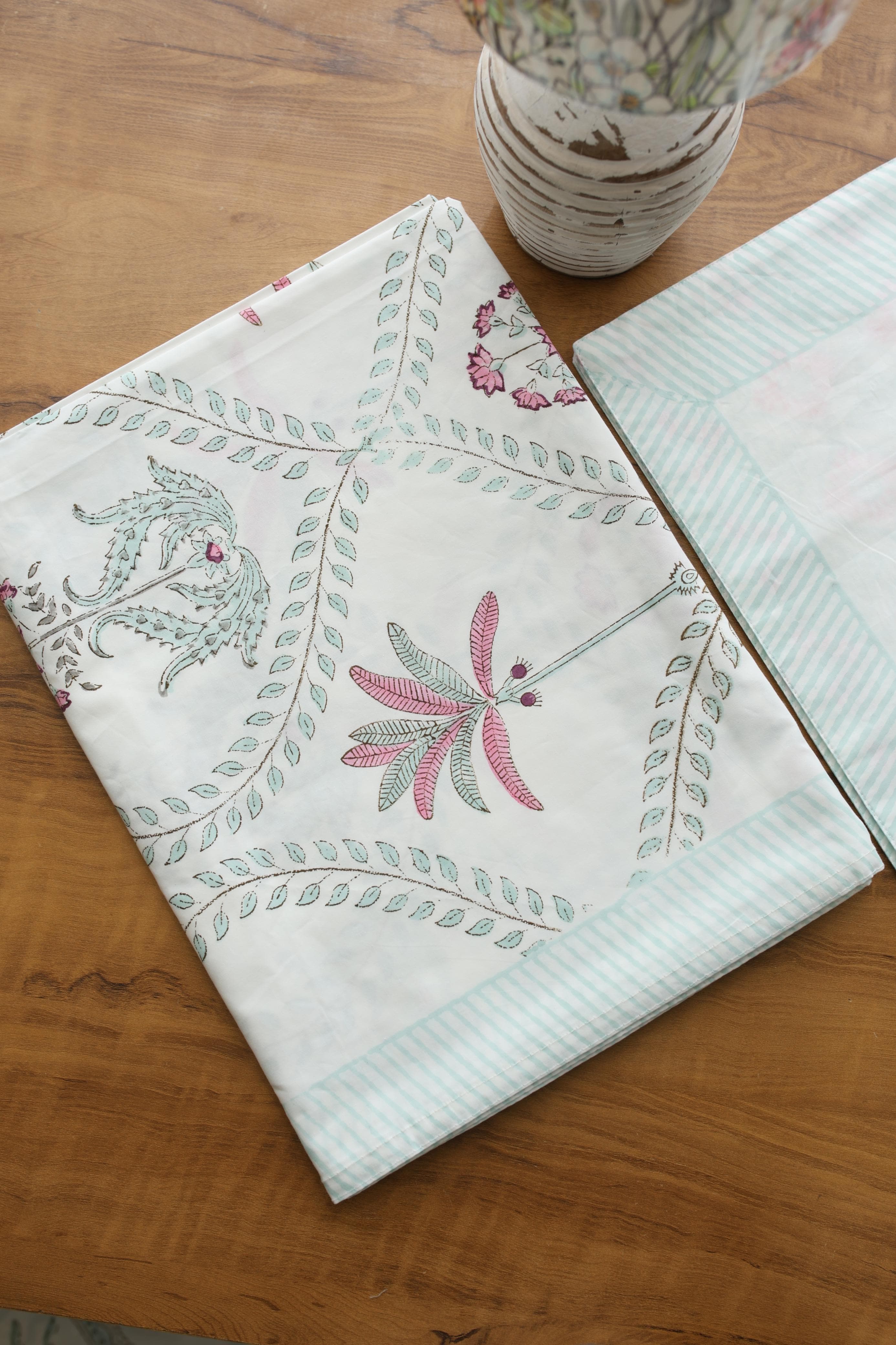White Lilly Cotton Handblock Percale Single Bedsheet