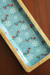 Rectangular Acacia Wood Server with Blue Floral Enamel