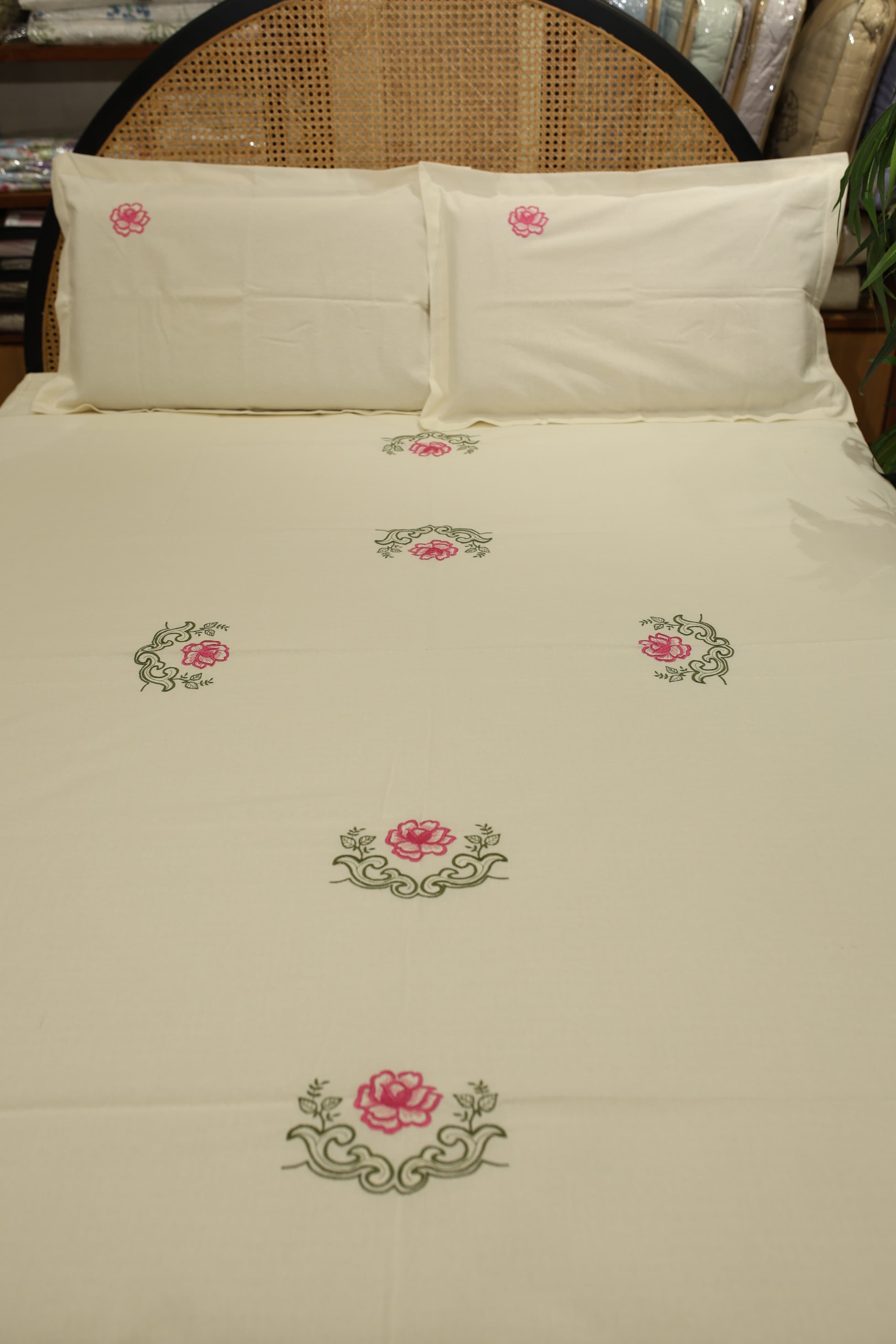 Bedsheets - Queen Premium machine embroidery bedspread off white base