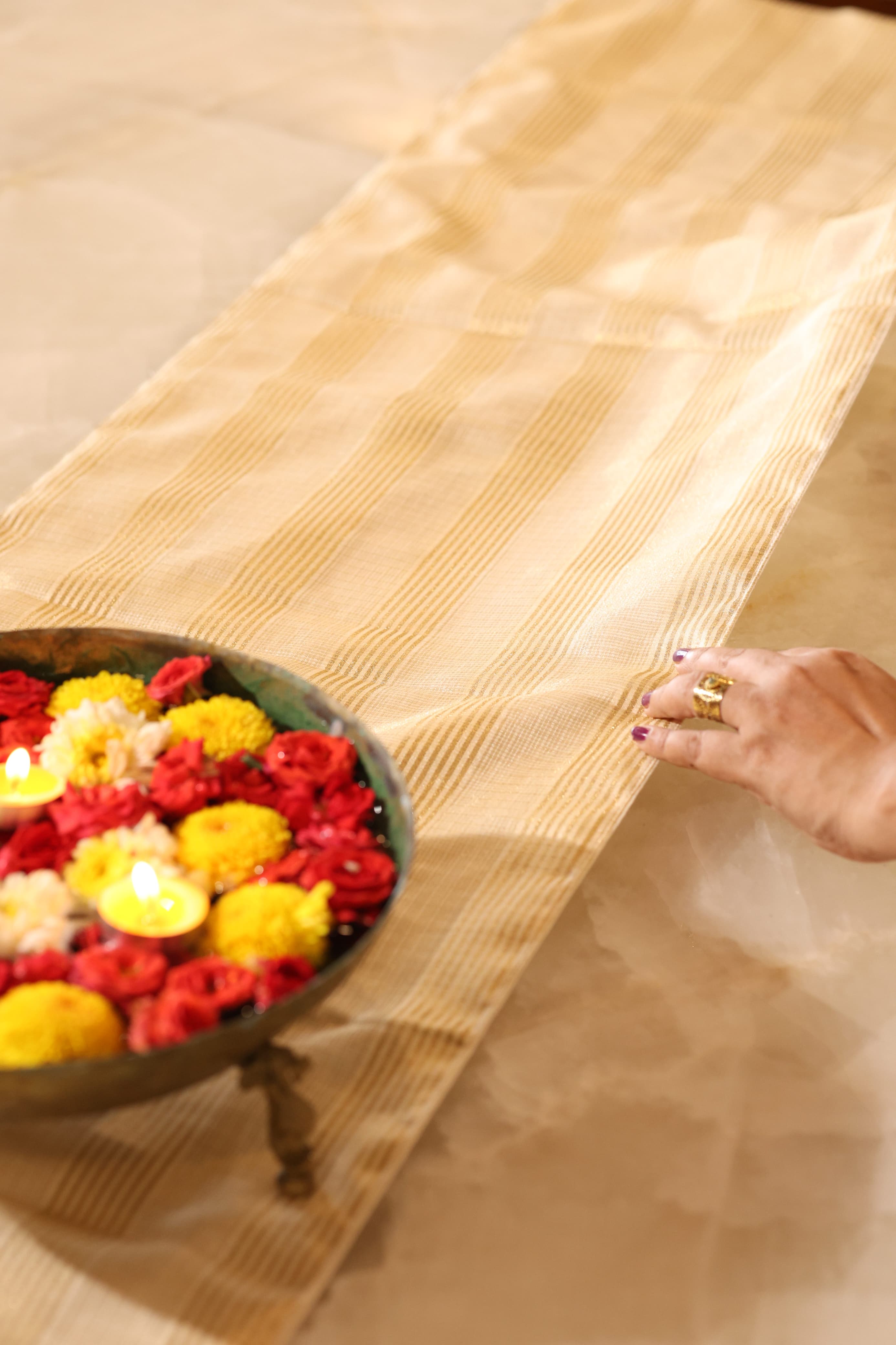 Onam Striped Table Runner with Ruffled Edges - 4 seater
