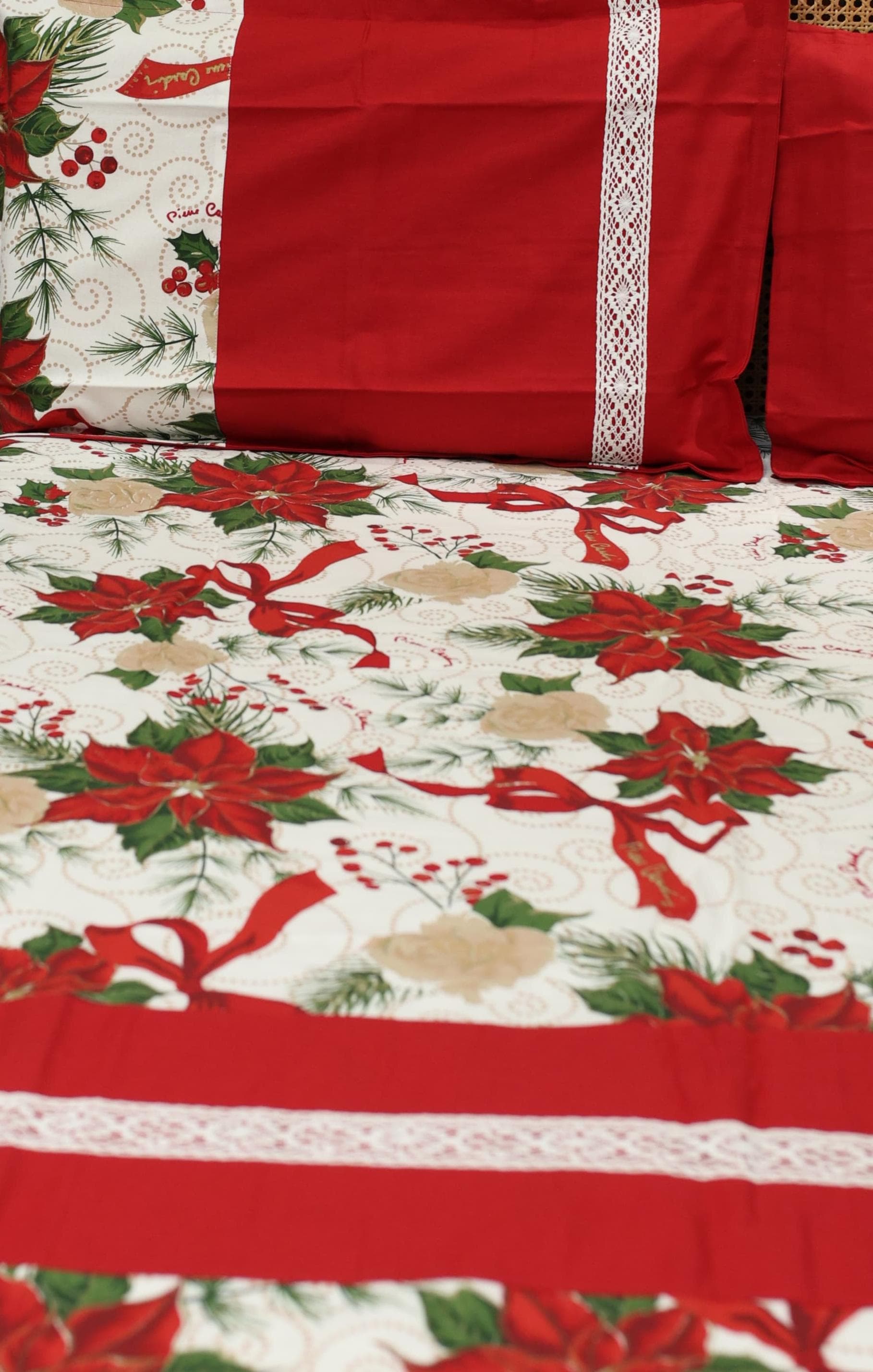 Bedsheets - Queen Premium check floral embroidery  bedsheet Xmas theme edition