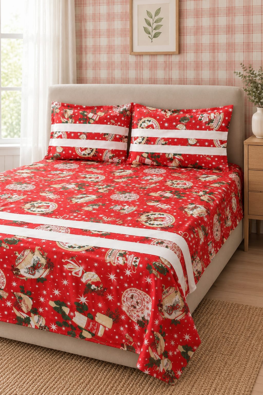 Bedsheets - Queen Premium check floral embroidery  bedsheet Xmas theme edition