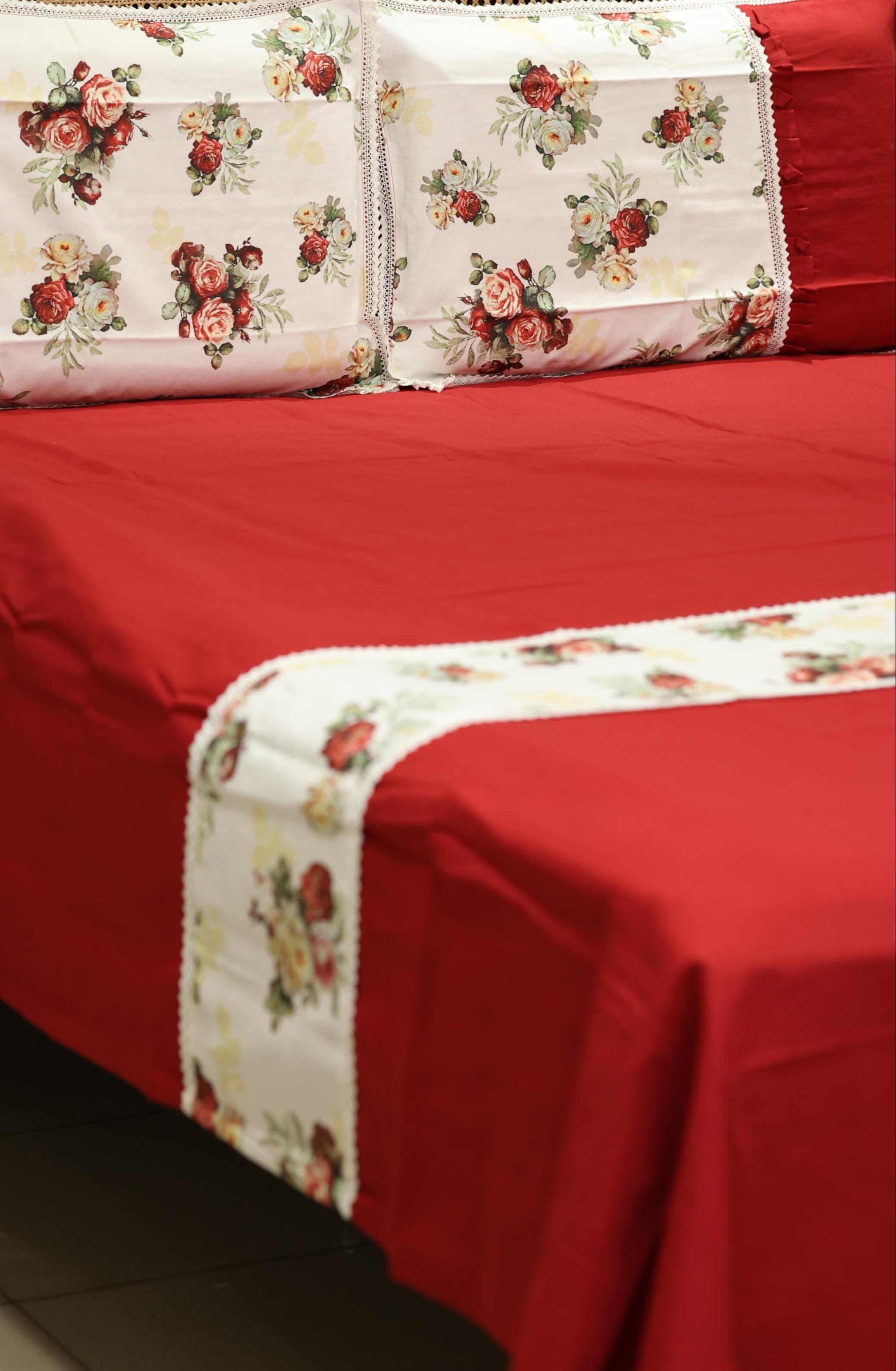 Bedsheets - Queen Premium check floral embroidery  bedsheet Xmas theme edition
