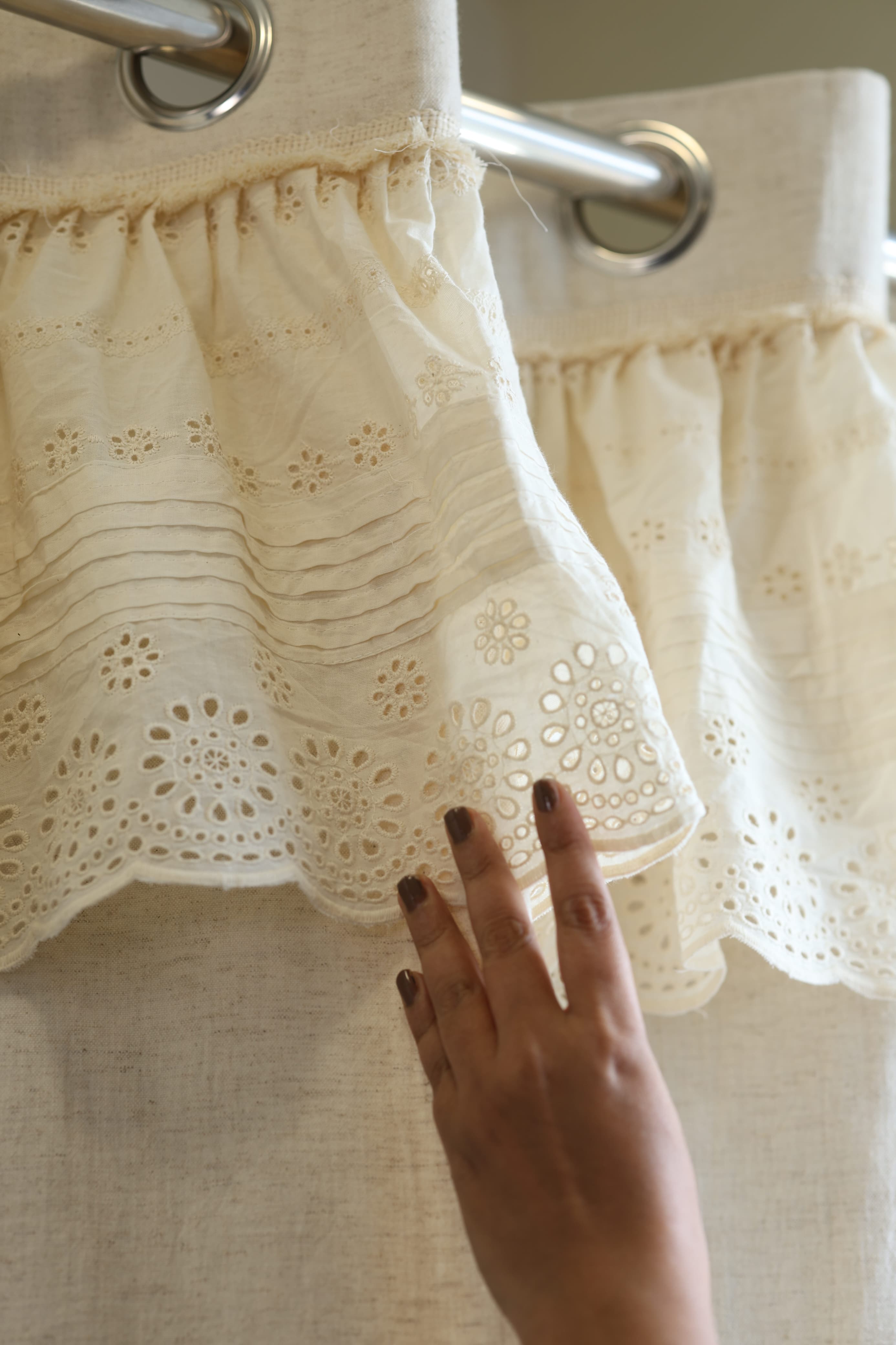 Ivory Lace Crochet with hakoba frill opaque curtains cottage frills