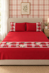Bedsheets - Queen Premium check floral embroidery  bedsheet Xmas theme edition