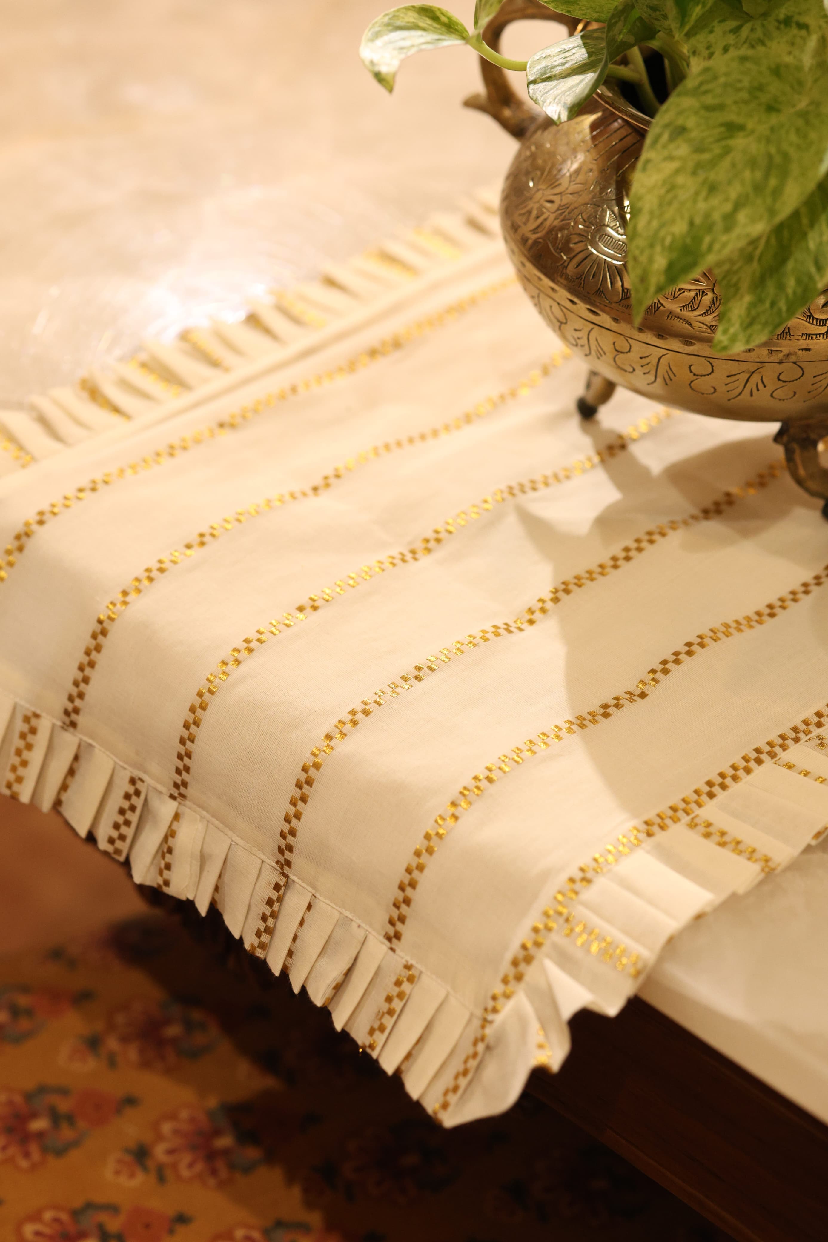Onam Striped Table Runner with Ruffled Edges - 4 seater