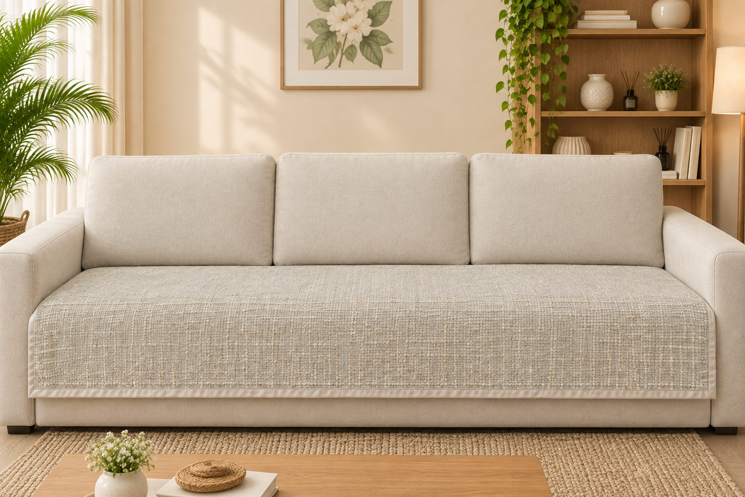 Sofa protector ( meter per) description embroidery(Colour: Sandstone)