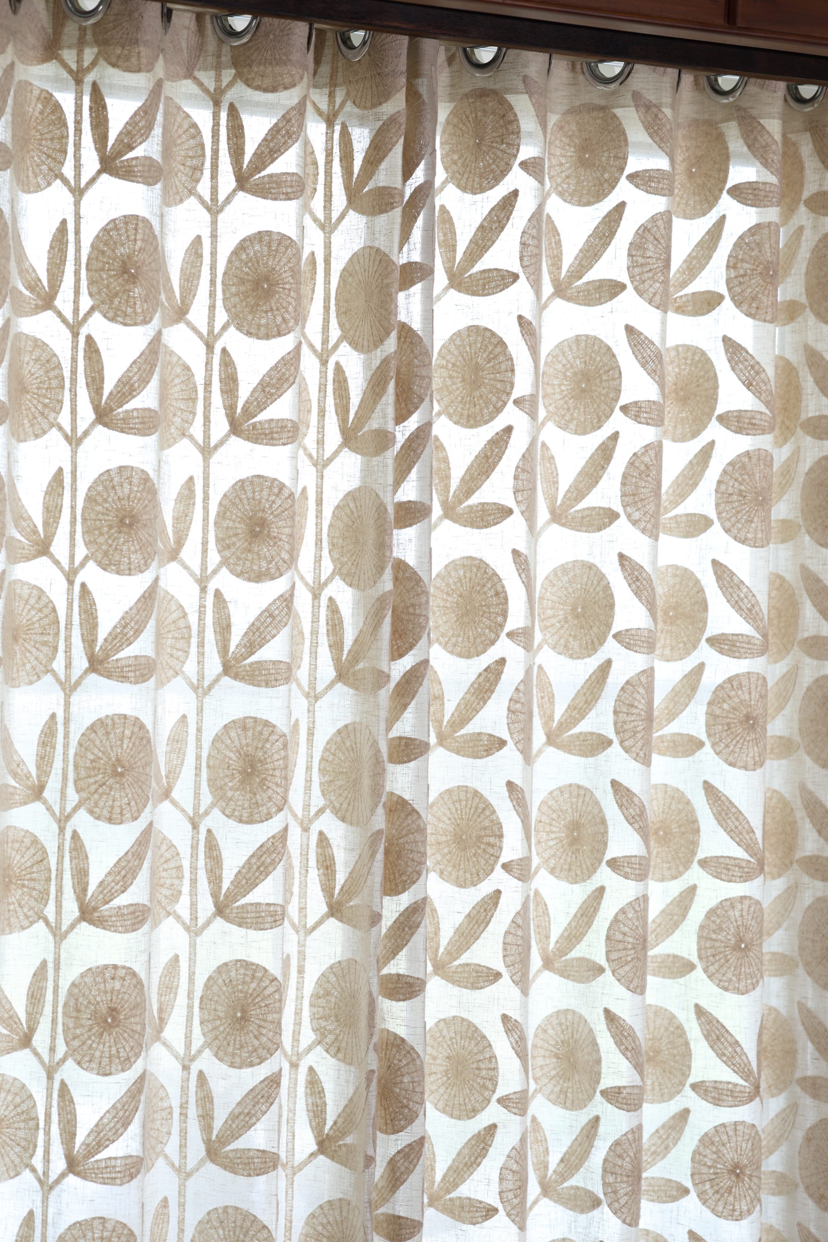 Premium Beige Floral Applique - Feel Embroidery Sheer Curtain