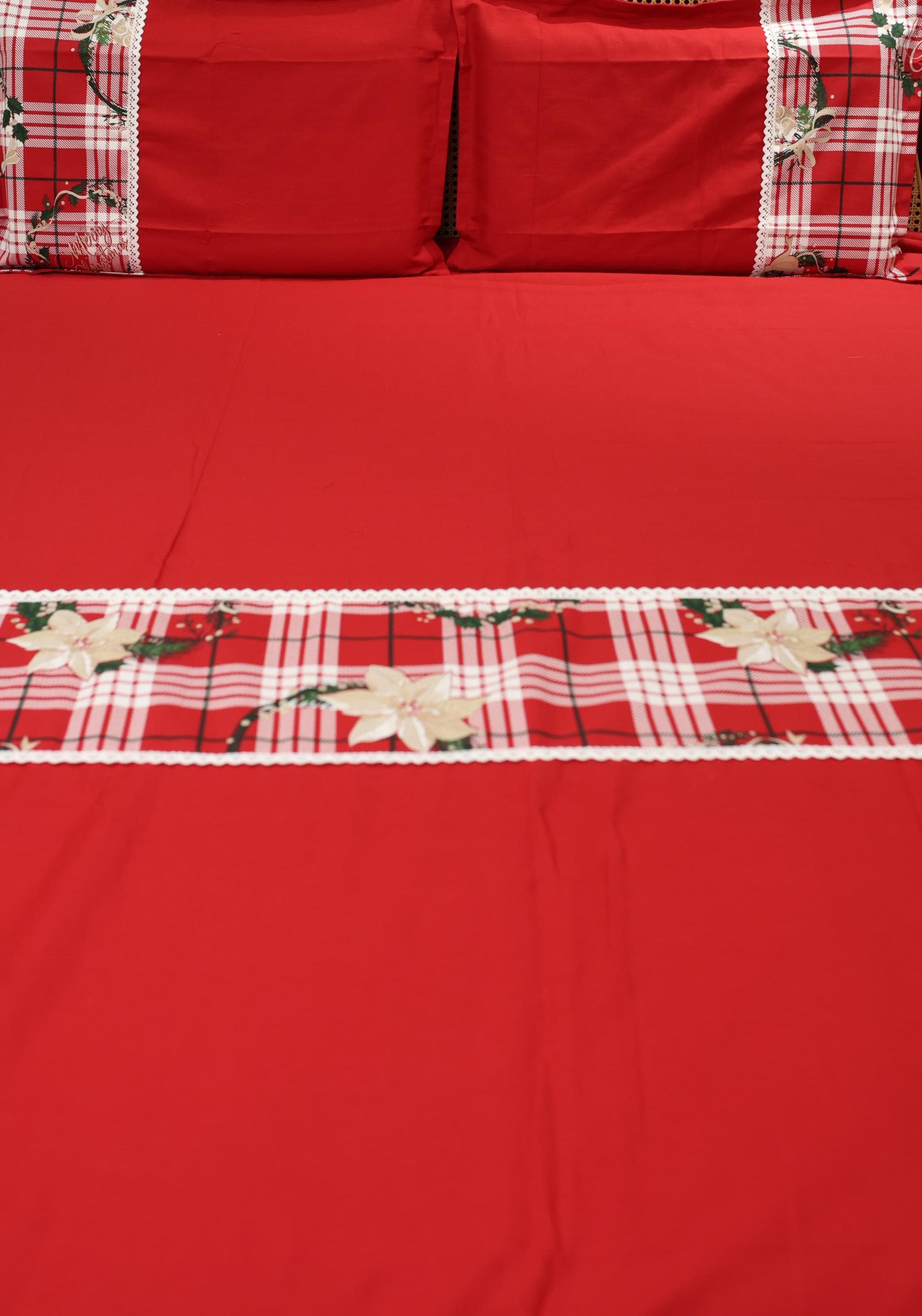 Bedsheets - Queen Premium check floral embroidery  bedsheet Xmas theme edition